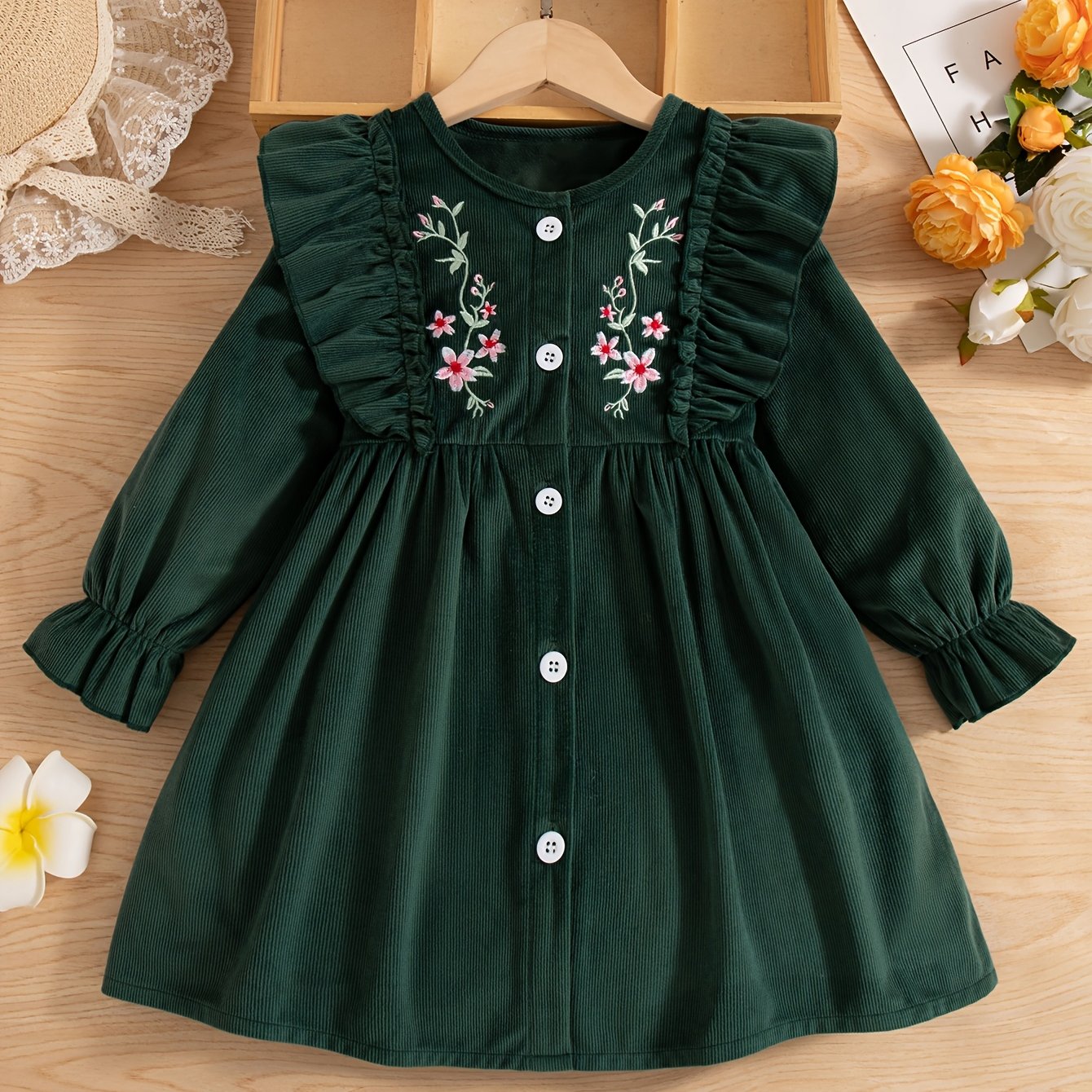 Image of Girls' Casual Everyday Outing Fashion Solid Color Ruffle Flower Embroidery Design Round Neck Knee-length Dress For Spring And Autumn