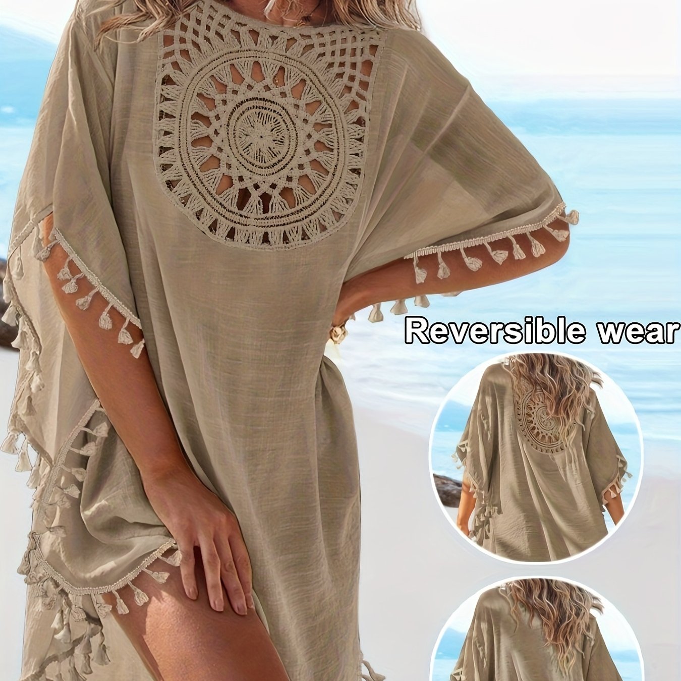 Image of Women's Spring Summer Reversible Lace Round Neck Batwing Short Sleeve Tassel Hem Beach Vacation Cover-up Sunscreen Shirt