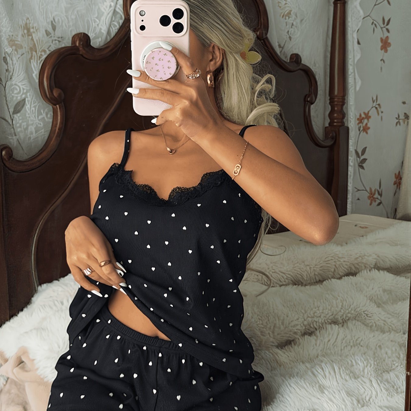 E-shop Damen Pyjama Set, Gerippter Stoff, Herzchen Print Spitze, Romantischer Süßer Niedlicher Sexy Camisole und Shorts Babydoll Kleid Pyjama Set