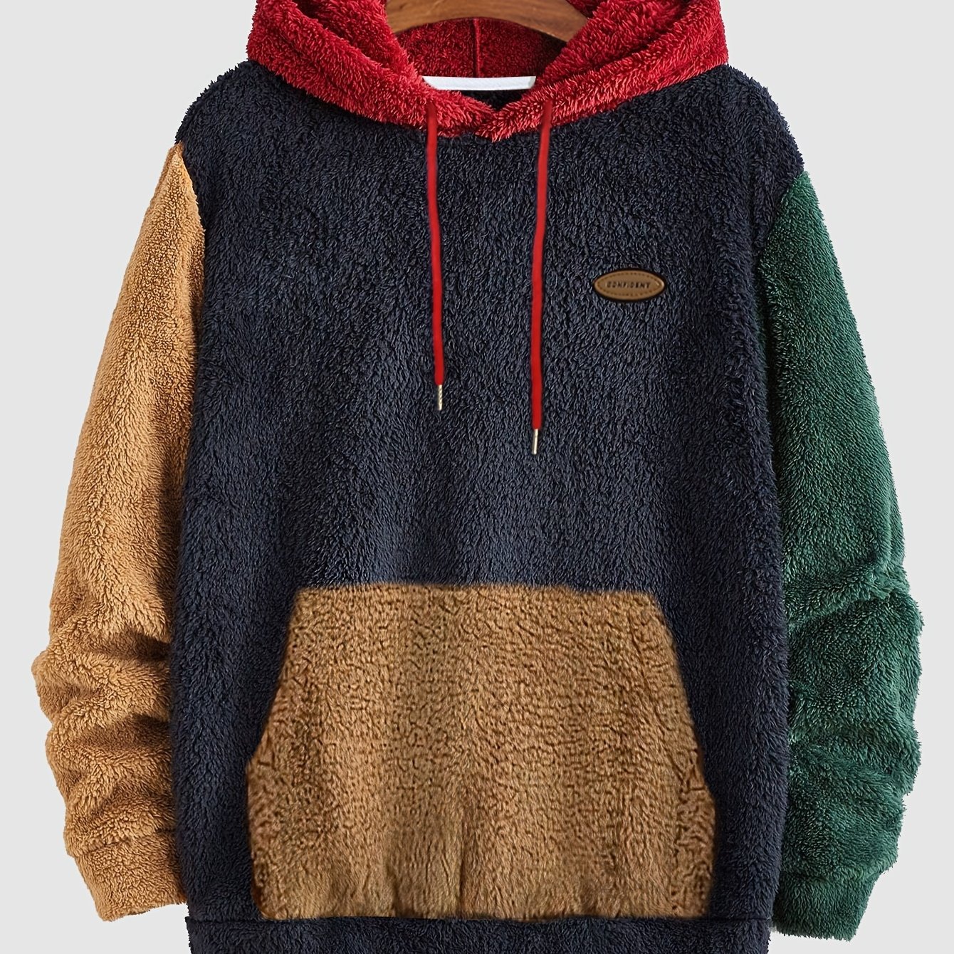 E-shop Herren Multicolor Plüsch Hoodie mit Kontraststickerei, Warm für Herbst/Winter, Langarm, Maschinenwaschbar
