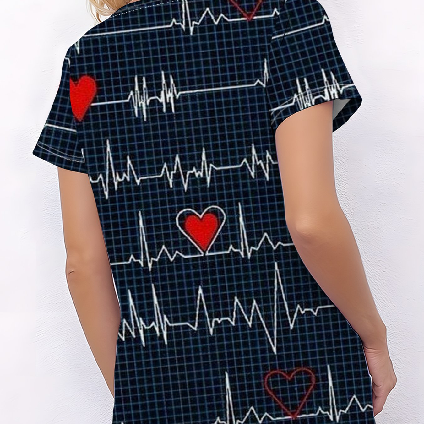 TEMU Women's V-neck Short-sleeve Top With Cute Printed Pattern And Side Pockets - Lightweight Nurse Uniform Or Casual Shirt, Nurse Accessories,