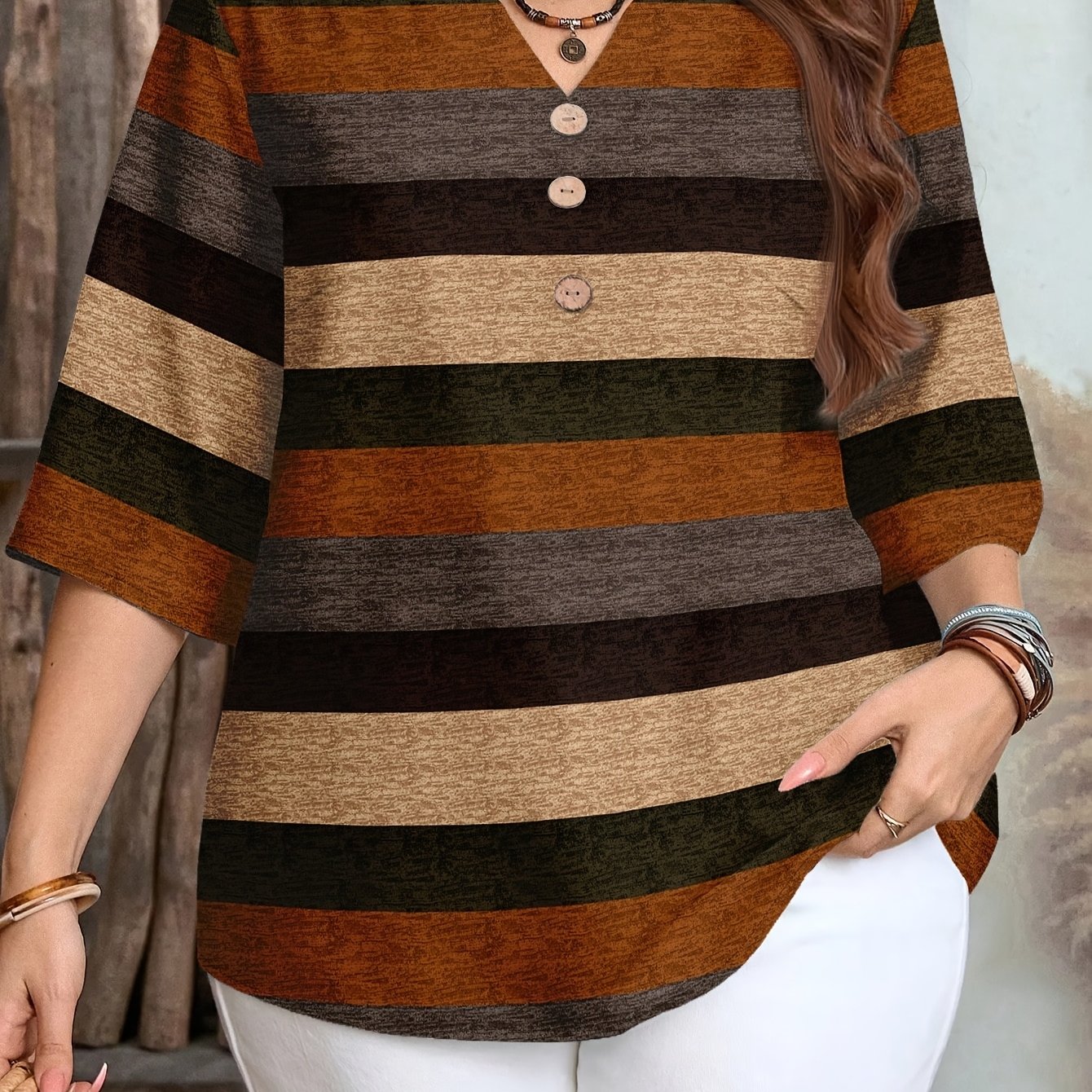 TEMU Women's Elegant Striped Print Shirt With Three-button V-neck Pullover, Spring/summer Casual Loose Blouse Top