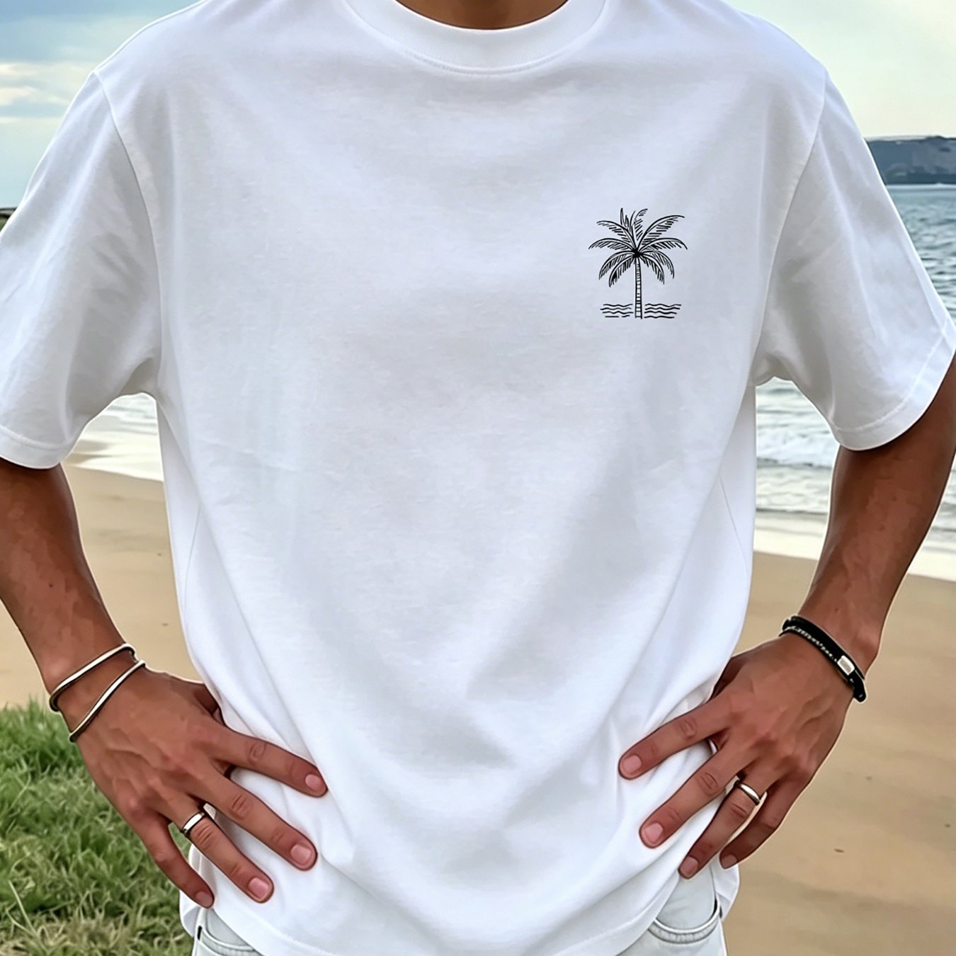 Image of 's T-shirt With Easy Palm Tree Print, Comfortable And Breathable For Spring/summer Casual Beach Vacations