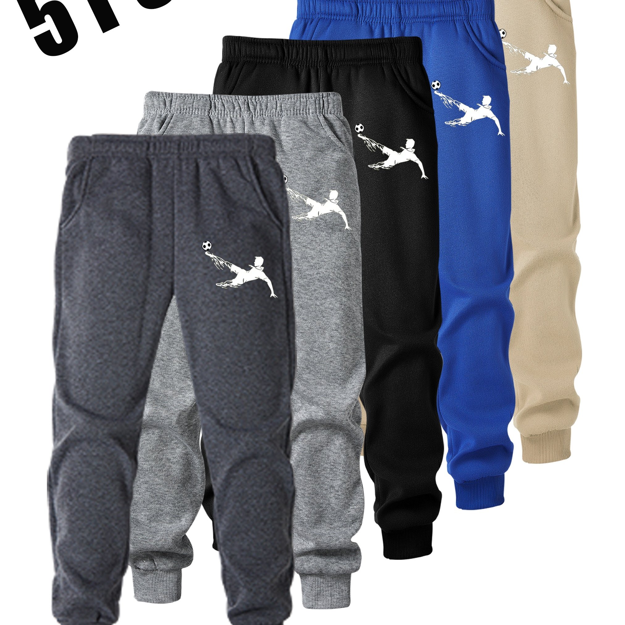 TEMU 5pcs Set - Boys' Soccer Sports Theme Print Long Pants, Casual , Elastic Waist Running Trousers, Sports Pants Multi-pc Gift, Suitable For Autumn