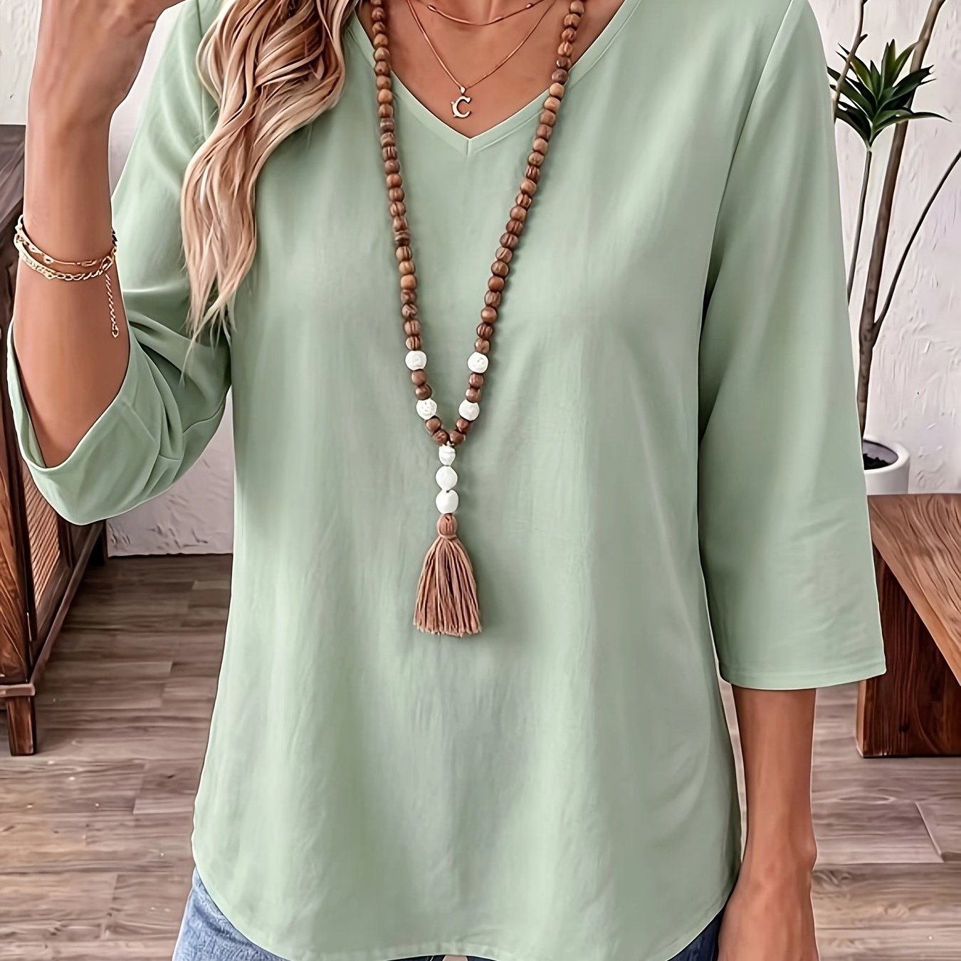 TEMU Women's New Style Shirt, Spring Summer Autumn Casual Easy Breathable Comfortable Top, Women'-quarter Sleeve V-neck Blouse