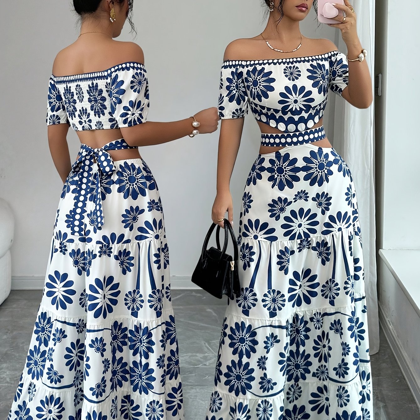 TEMU Robe tendance pour femme à imprimé, épaules dénudées, manches courtes et taille ajourée