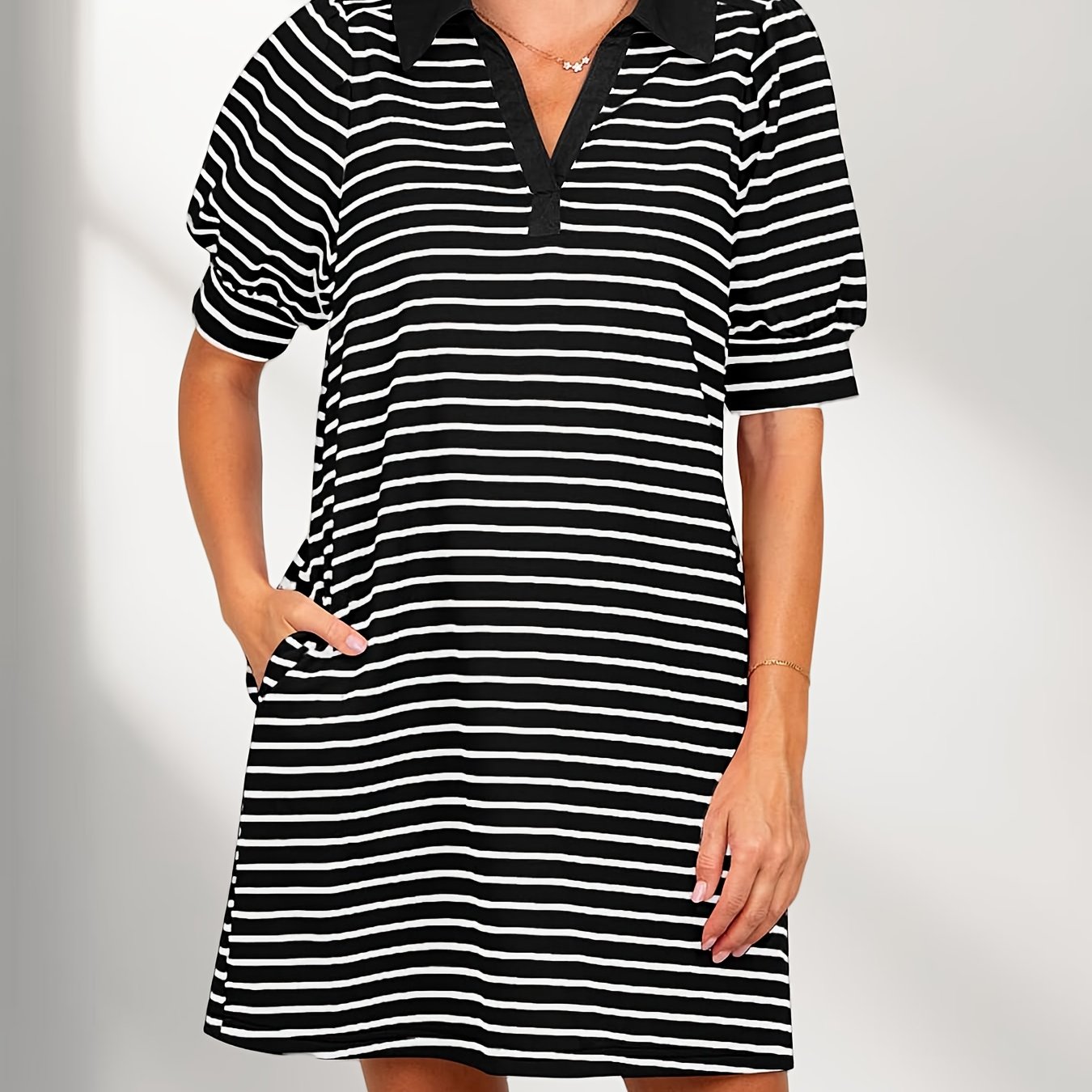 Image of Women's Summer Lapel Collared V Neck Striped Dress | Casual Puff Short Sleeve Tshirt Dresses With Pockets, Elegant Style, Regular Fit