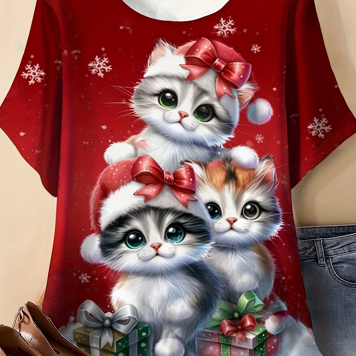 TEMU Plus Size, Women's Plus Size Christmas Cat T-shirt - Cute Kitten & Gift Print Soft Breathable Fabric Casual Round Neck Top - Cozy Holiday Party
