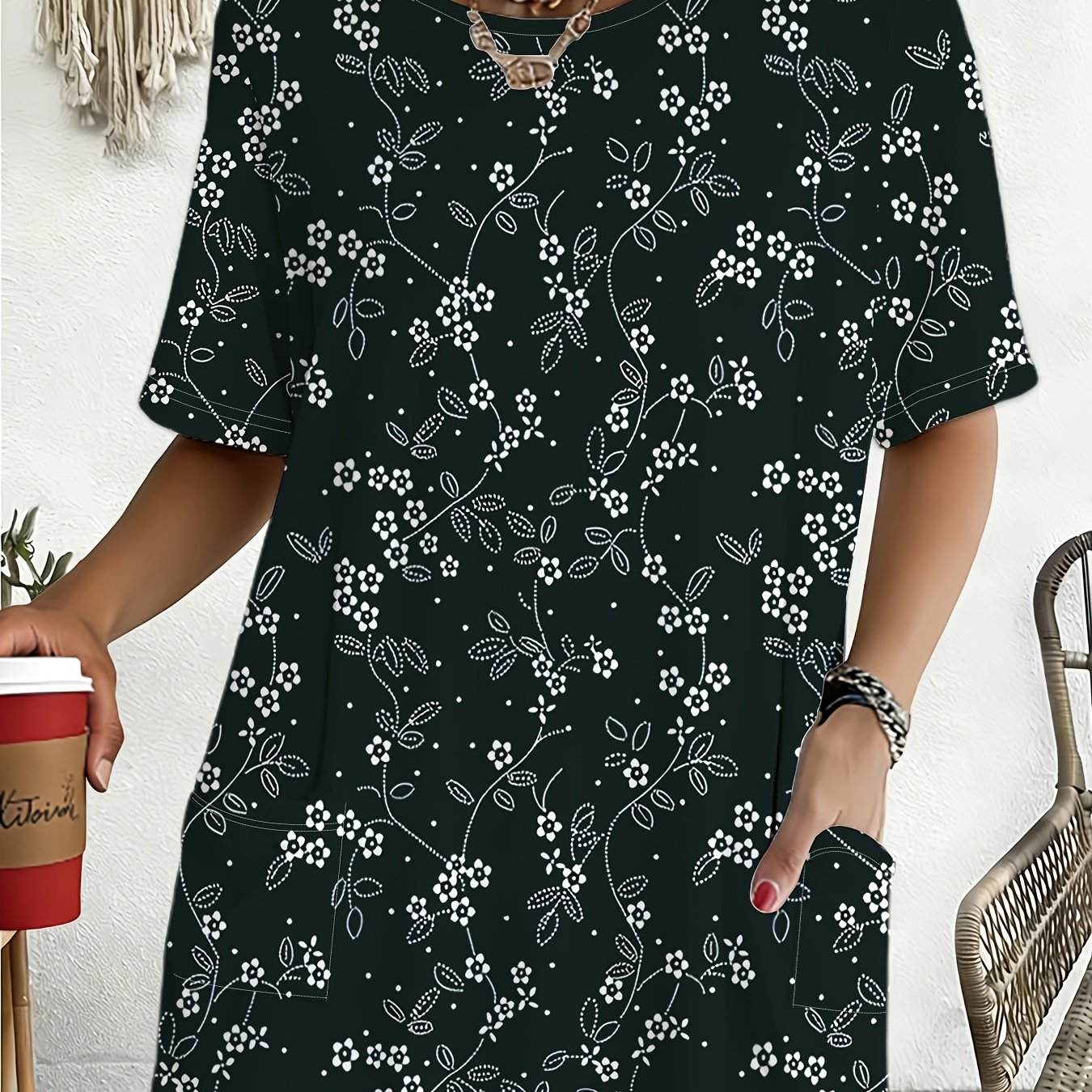 TEMU Navy Blue Floral Print Short Sleeve Loose Fit T-shirt For Women, Summer Casual Top, Plus Size Sweater, New Arrival
