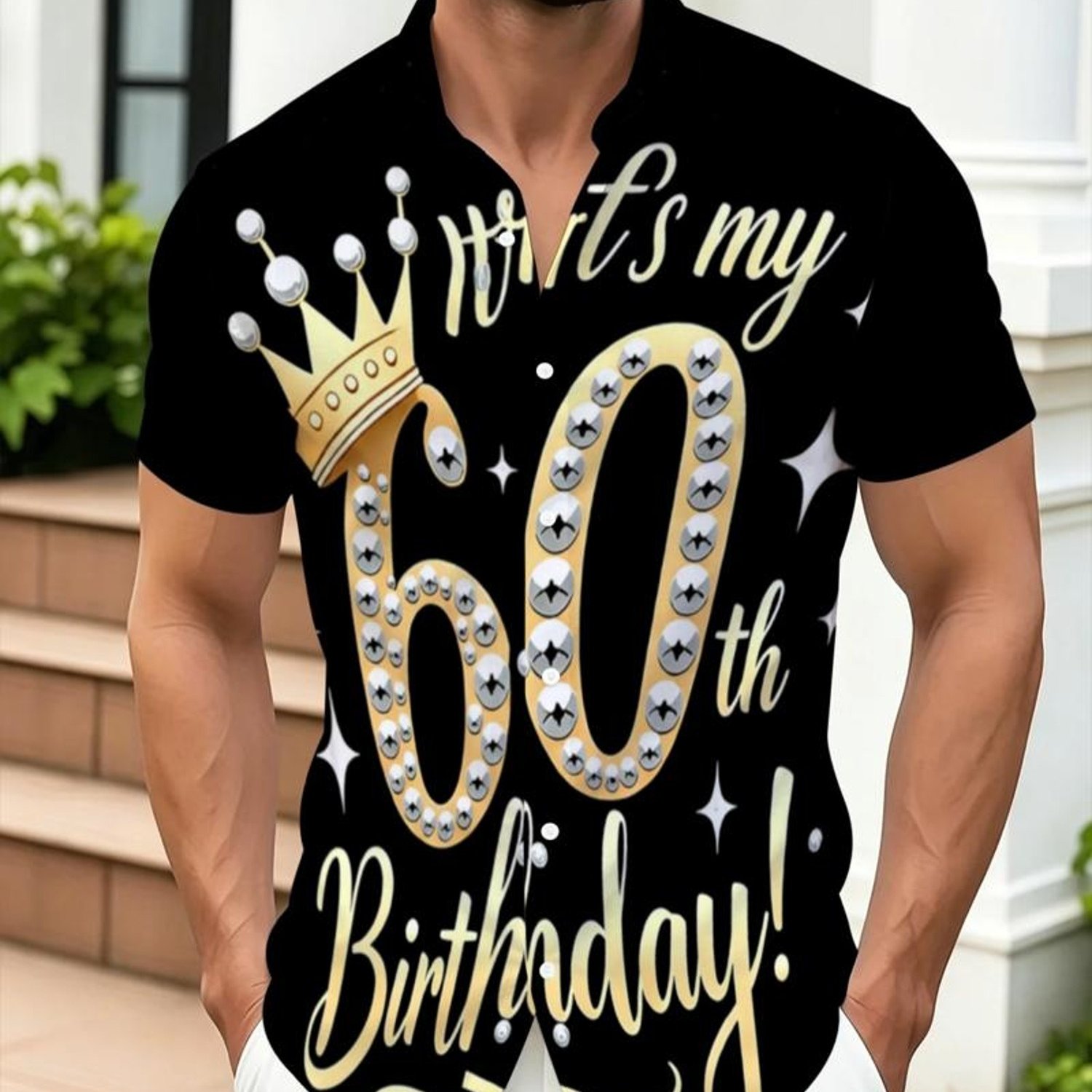 TEMU Print Design - Not Textured 's 60th Birthday Crown Letter Print Short Sleeve Lapel Shirt Party Celebration Single Button Clothing
