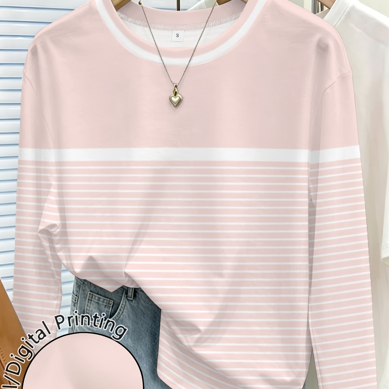 TEMU Women's Striped Printed Crew Neck Long Sleeve T Shirt Casual Summer Tops