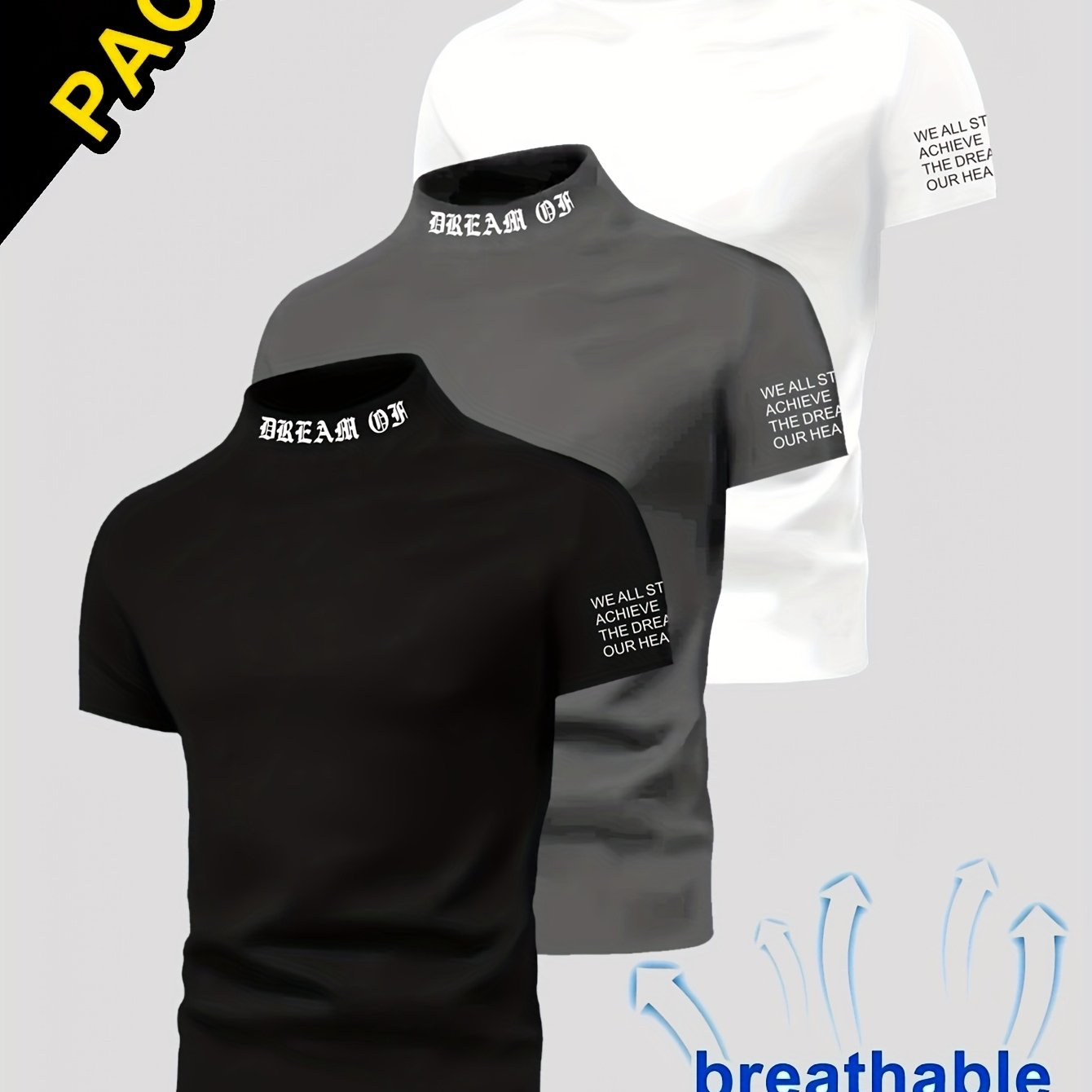 Image of 3 Men's Short-sleeve T-shirts With A Stylish Print Collar, Perfect For Outdoor Activities Like Hiking And Gym Workouts. Made From Polyester And Spandex, Fitted Undershirts Feature A , Knit