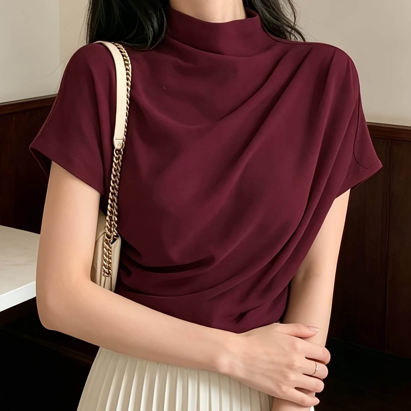 TEMU Korean High-end Half-high Collar Short-sleeved 26-year Wine Red Draped Waist Top Workplace Commuting Versatile Temperament T-shirt