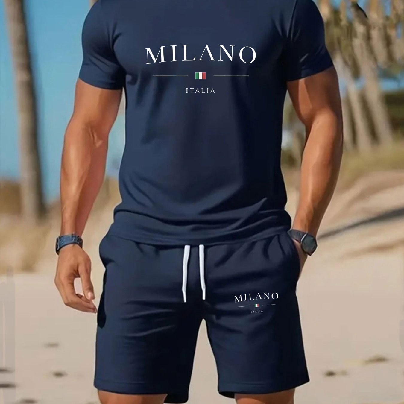 TEMU Conjunto deportivo para hombre de europeo y americano, Camiseta de manga corta con estampado de de Milán, + Shorts, conjunto de 2 piezas,