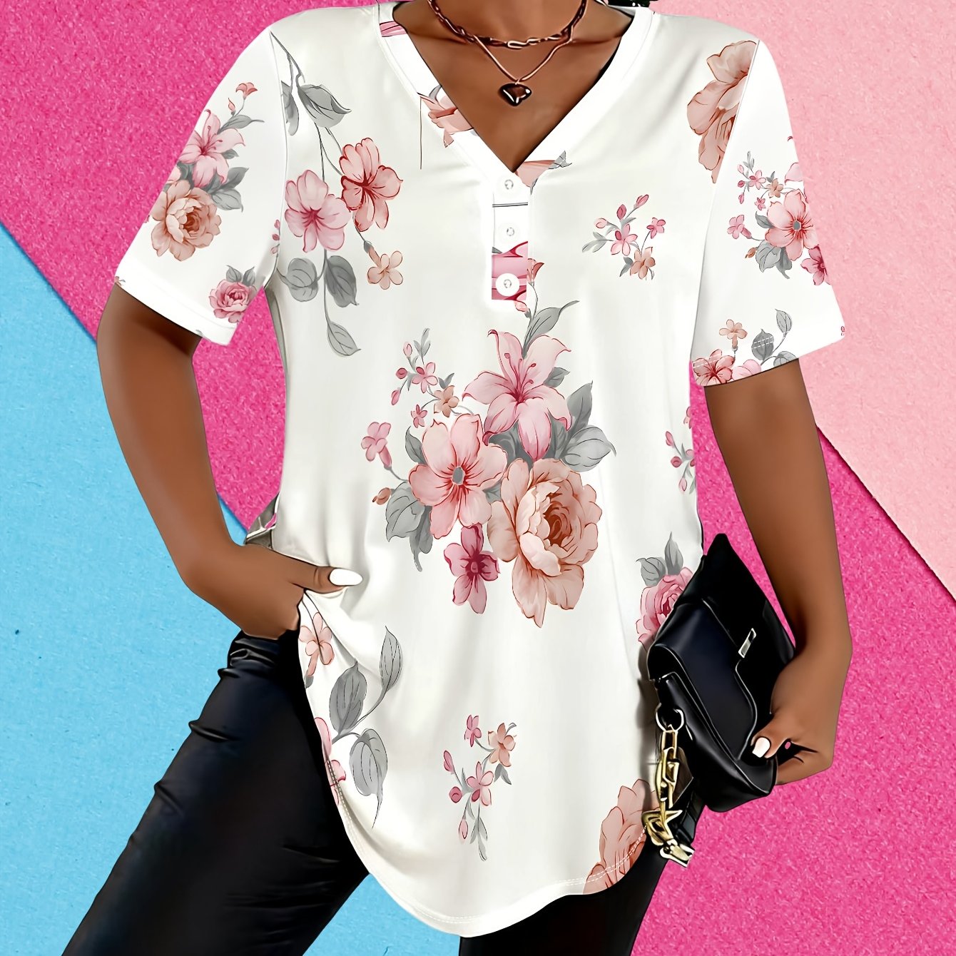 TEMU T-shirt grande taille pour femme à boutons et col en V, manches courtes, style d'été avec fond blanc et imprimé , haut décontracté et