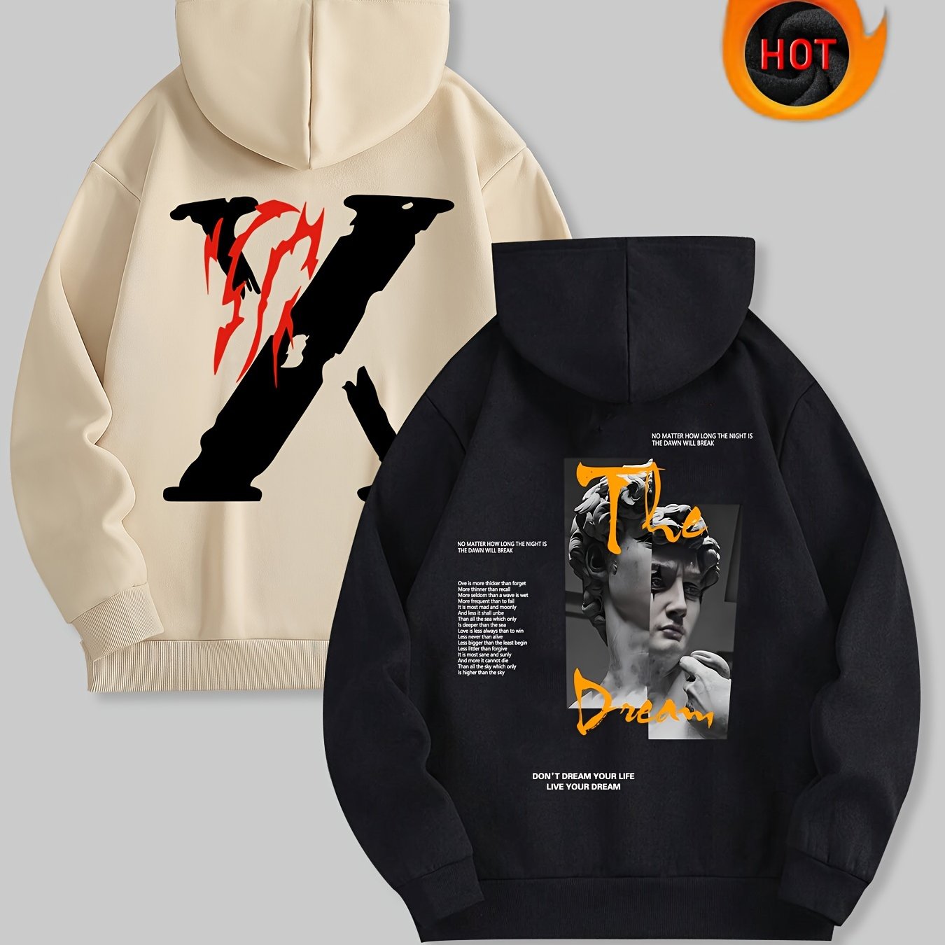 TEMU Men's -lined Hooded Sweatshirt 2pcs, Casual Versatile Plaster For Man Print Pocket Sweatshirt