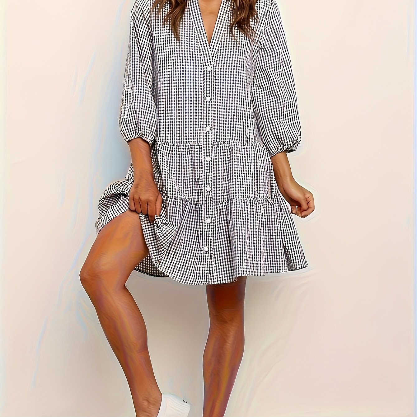 E-shop Sommer-Shirtkleid mit 3/4-Ärmeln V-Ausschnitt, Boho-Gingham-Karo-Druck, lockerer Rüschensaum, Freizeitkleider für Damen für Urlaub
