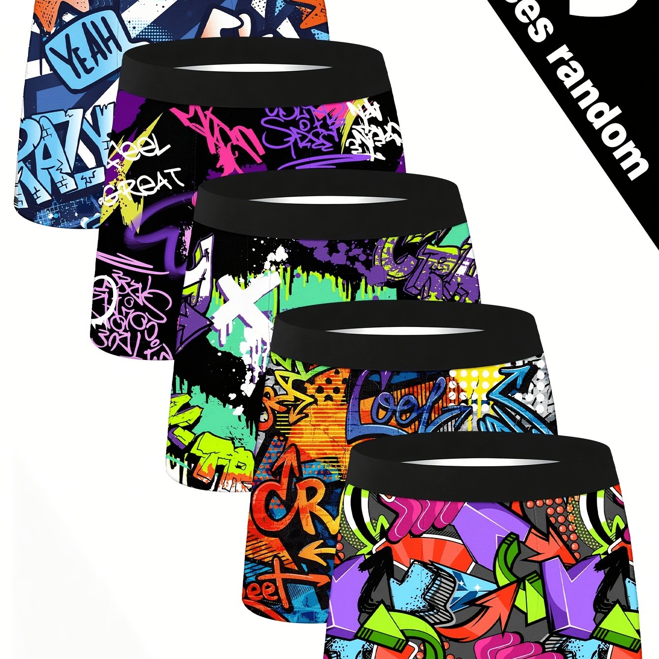 TEMU Random 3pcs Men's Novelty Shorts, Street-style Cool Printed Men's Boxer Briefs, Print Underwear, Knitted Fabric, Quick-drying And Breathable,