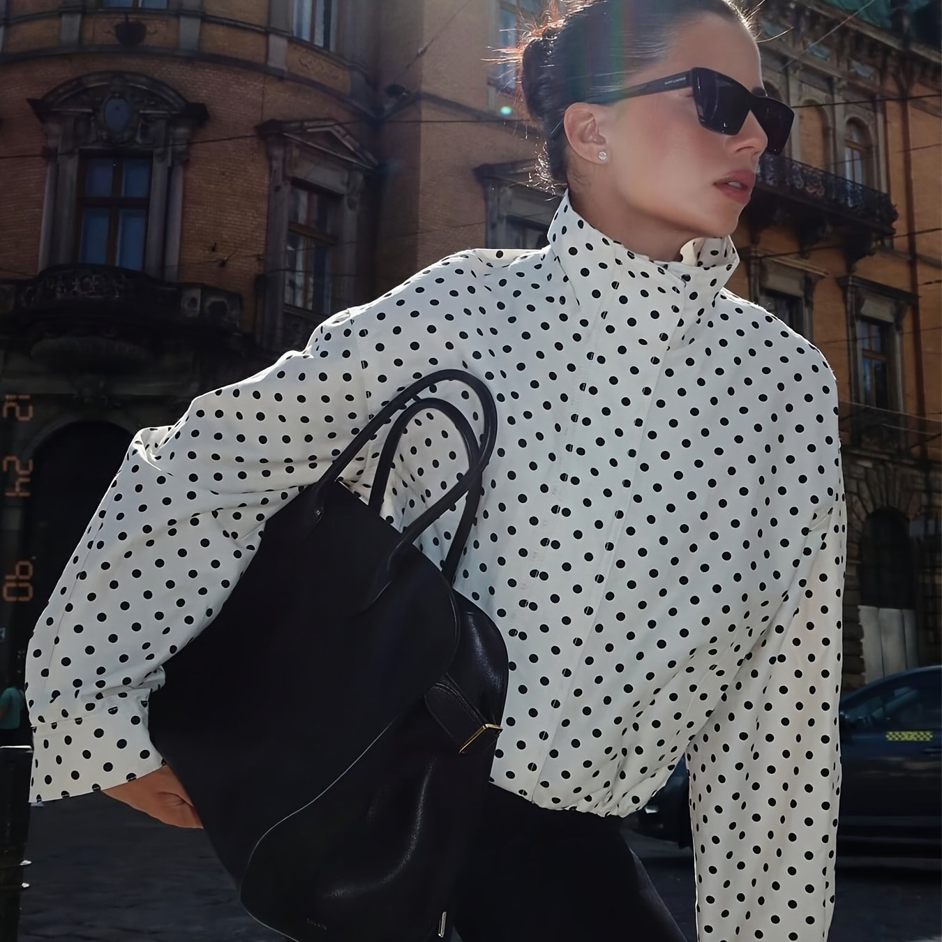 TEMU Women's Fashion Elegant Polka Collar Jacket, Long Sleeve Oversized Loose Coat, Casual Streetwear Daily Wear Ladies Outerwear