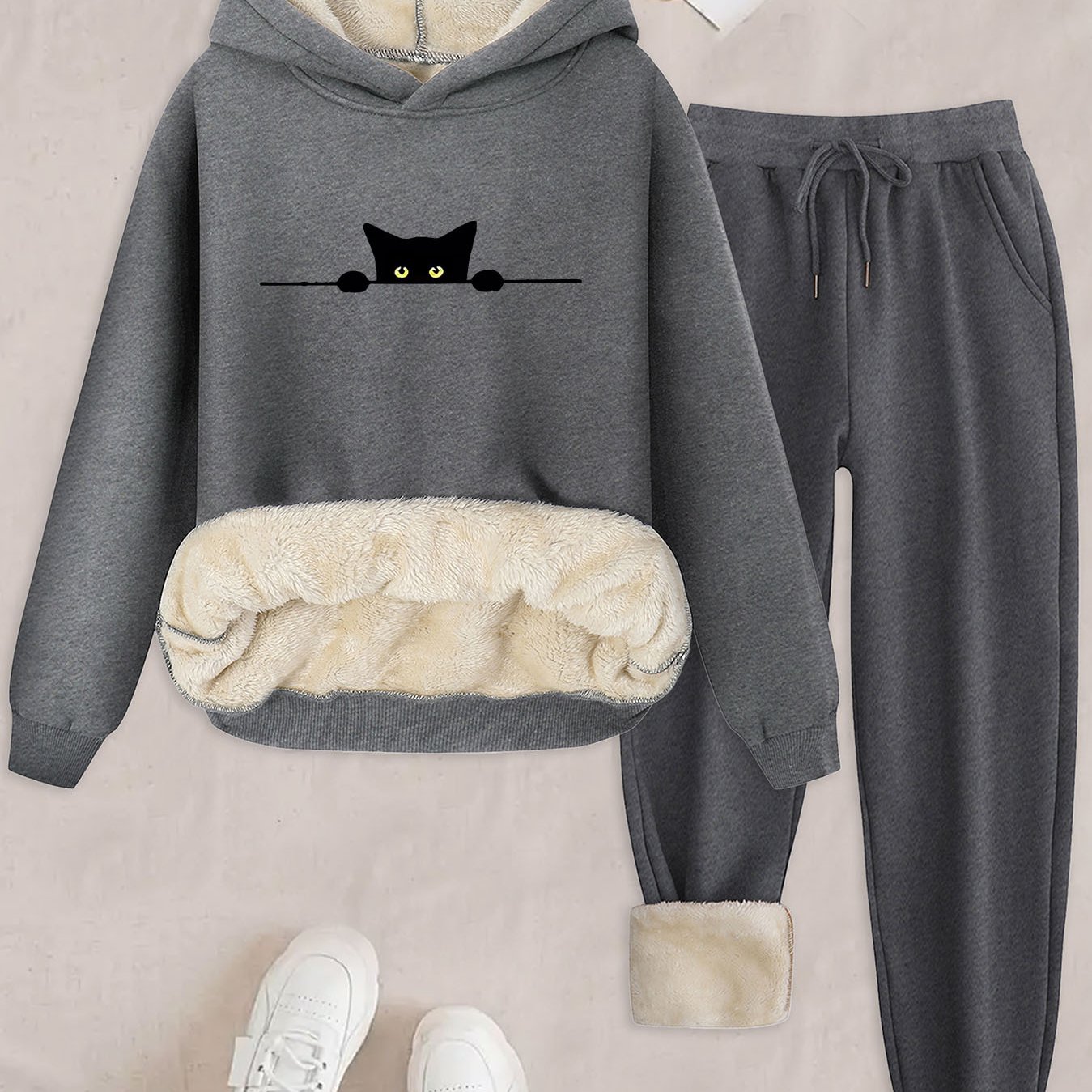 TEMU Plush Letter Print 2 Piece Set, Hoodie & Pants, Women's Clothing