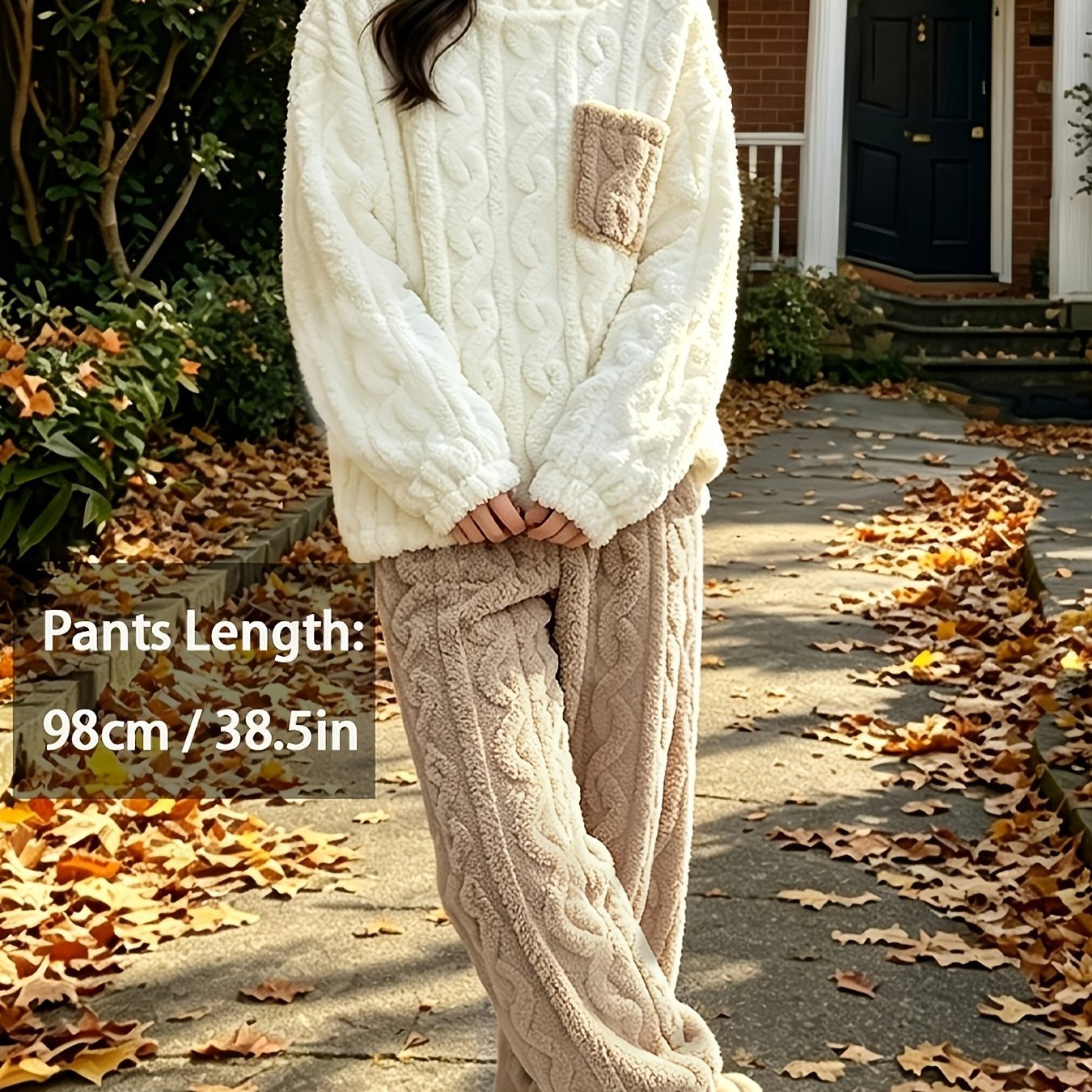 TEMU Conjunto de franela de otoño invierno de 2 piezas, elegante jersey con bloques de color y pantalones largos, estilo , ropa de estar en casa