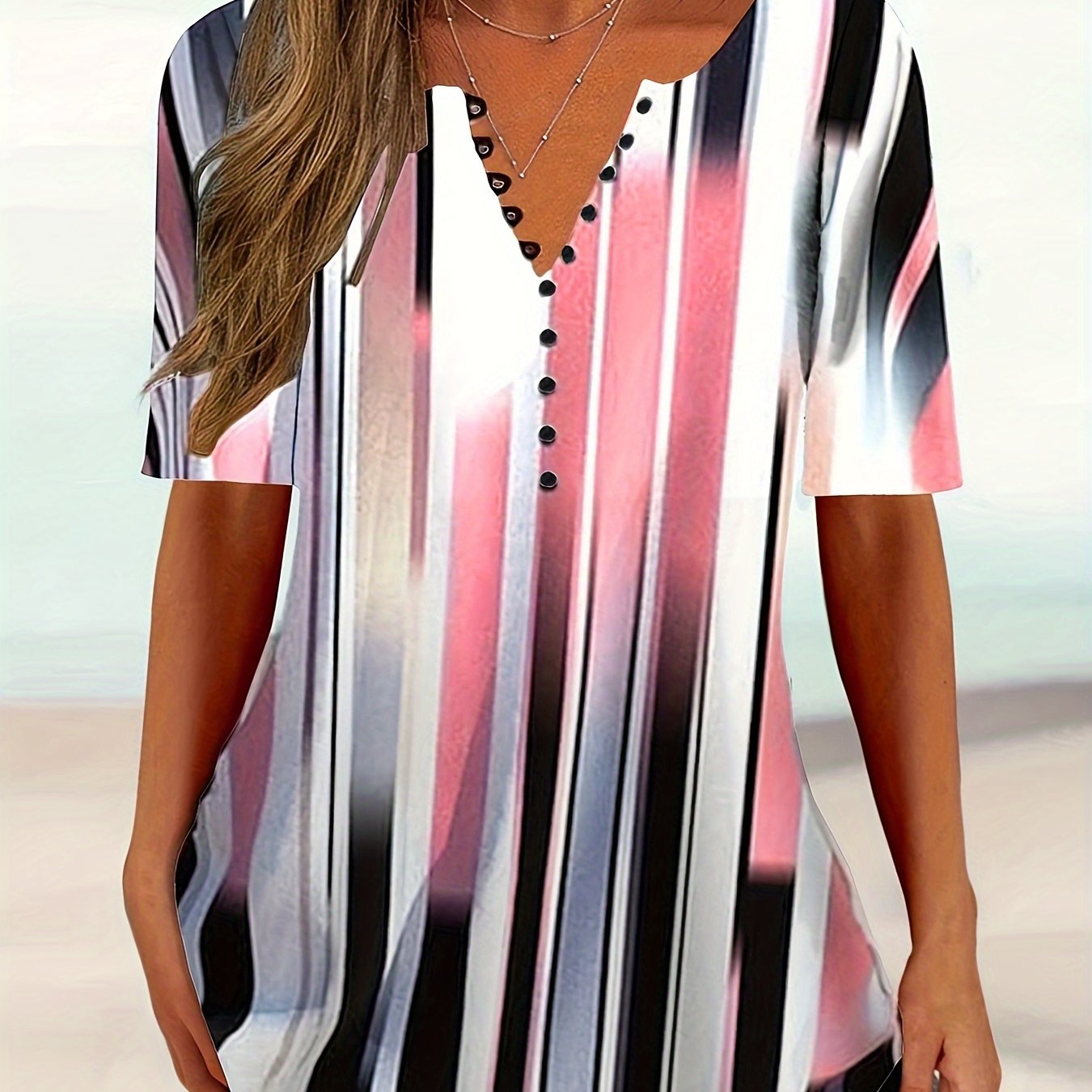 E-shop Plus Size - Plus Size - Plus Size Lässiges Damen Kurzarm T-Shirt mit Color Block Streifen und leichtem Stretch