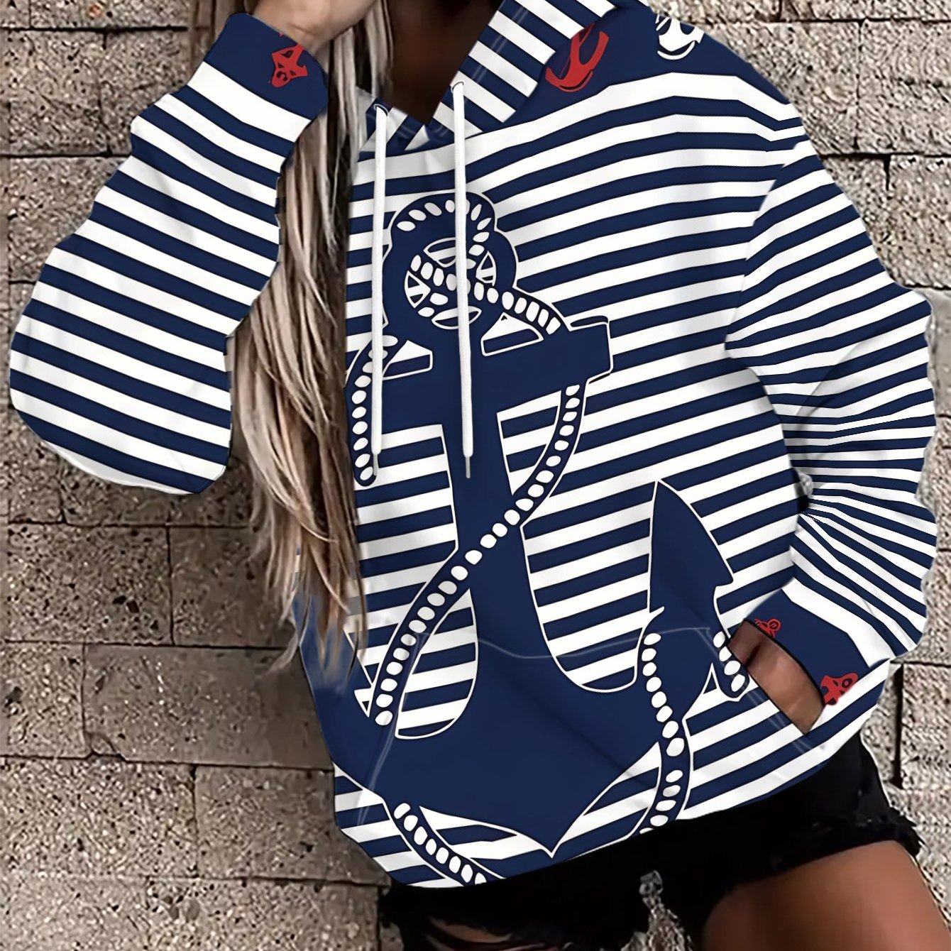 TEMU Fashion Women's Loose Style Hoodie With Anchor And Anchor Decor On Blue White Striped Background - Stretch, , , Loose Casual, Fashion Top,