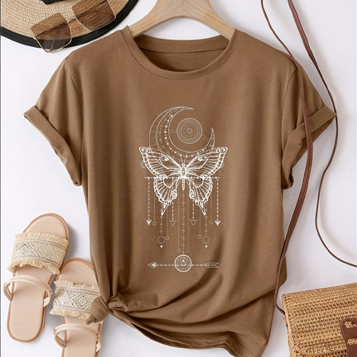 TEMU Butterfly & Moon Print Vintage T-shirt, Crew Neck Short Sleeve Top For Spring & Summer, Women's Clothing