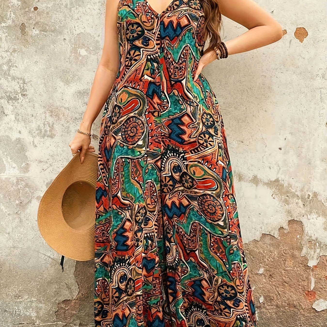 TEMU Plus Size, Summer Plus Size Hippie Music Festival V-neck Sleeveless Printed Jumpsuit