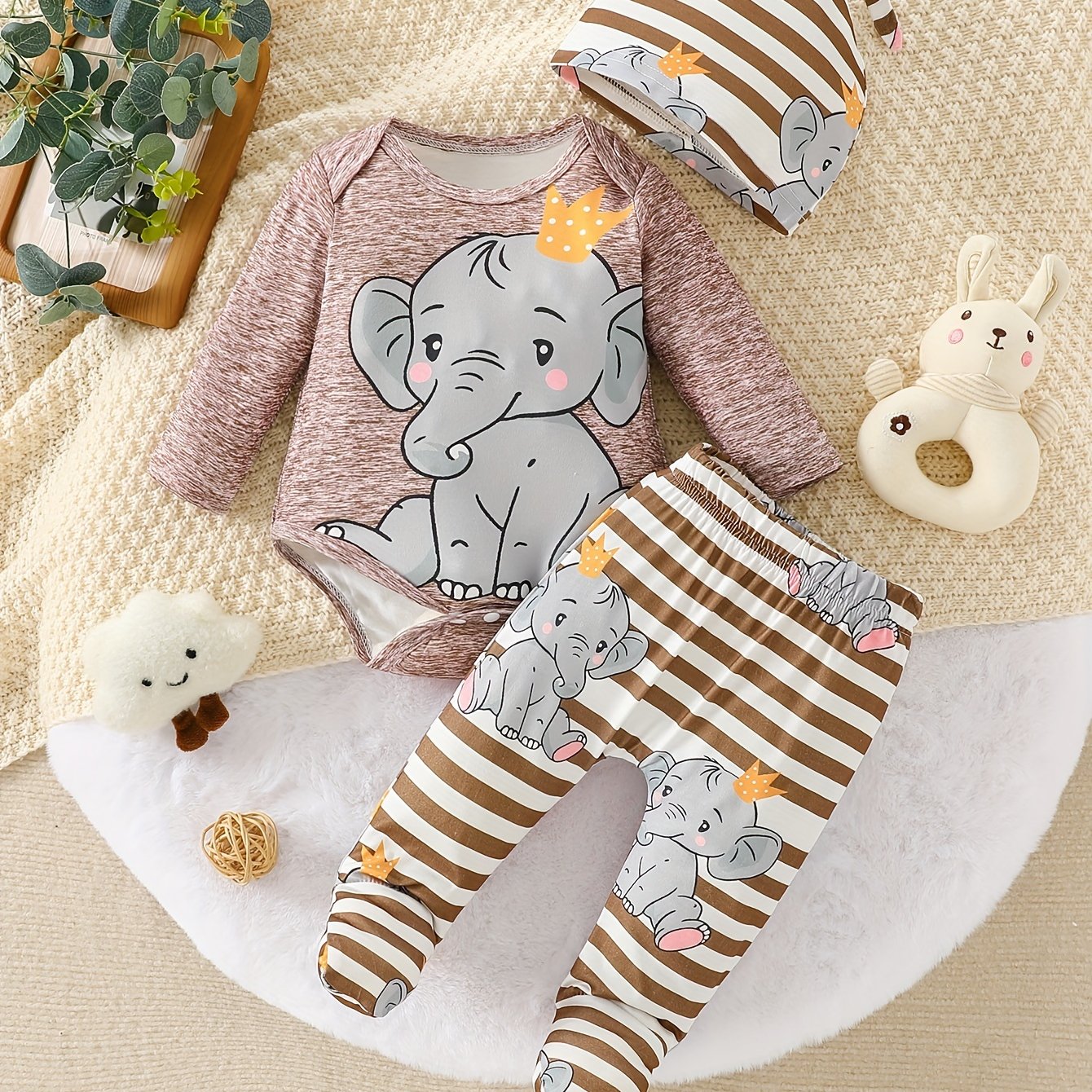 Image of Baby Boy Elephant Print Long Sleeve Jumpsuit And Striped Elephant Print Pants Plus A Hat, For Outdoor, Christmas, Halloween