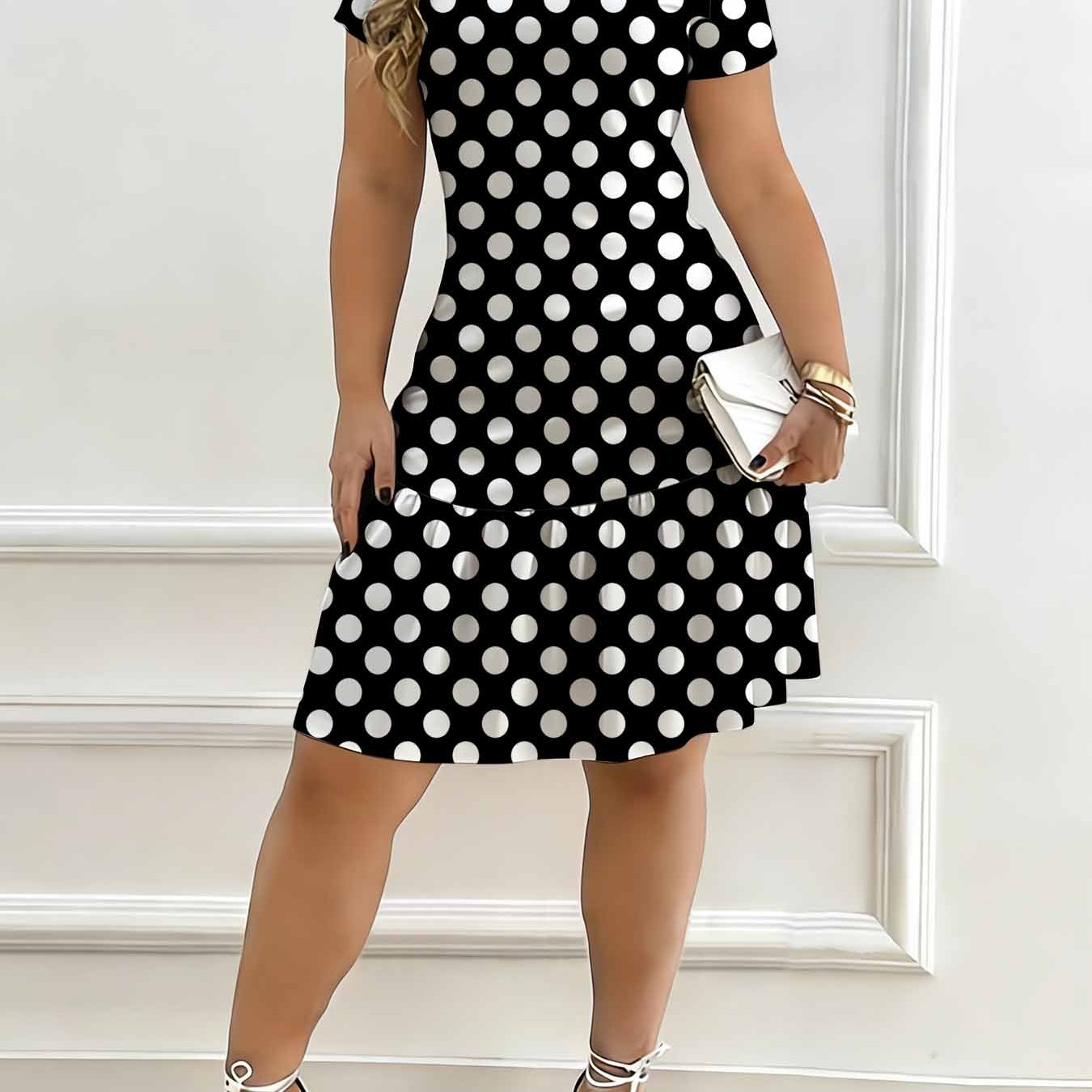 Image of Plus Size Women's Spring/summer Bohemian Style Dress, Short Sleeve Round Neck Polka Dot Print Ruffle Dress, Elegant Vintage Aesthetic Casual Sundress