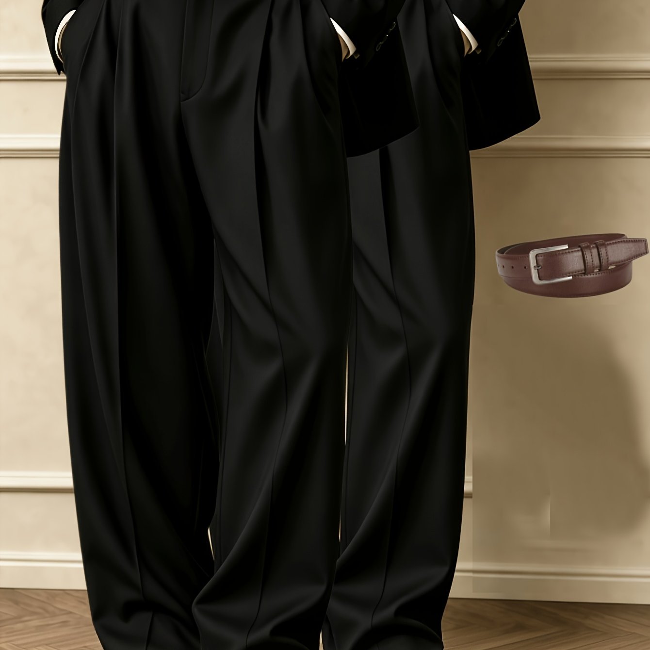 TEMU 2-pc Men'-panel Wide-leg Trousers, High-waist Loose-fitting Draped Suit Pants, Includes Free , Business Casual Office Formal Pants