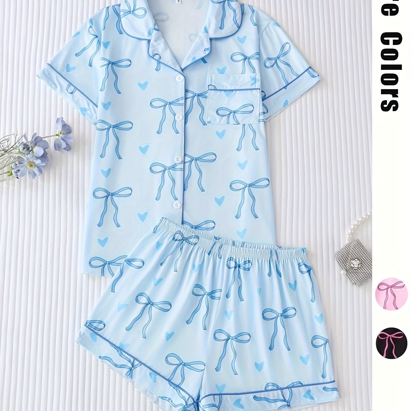 TEMU Casual Valentine's Day Bow Print Women's Pajama Set, Featuring A Lapel Button-up Short-sleeve Top And Elastic Shorts, Elegant Women's