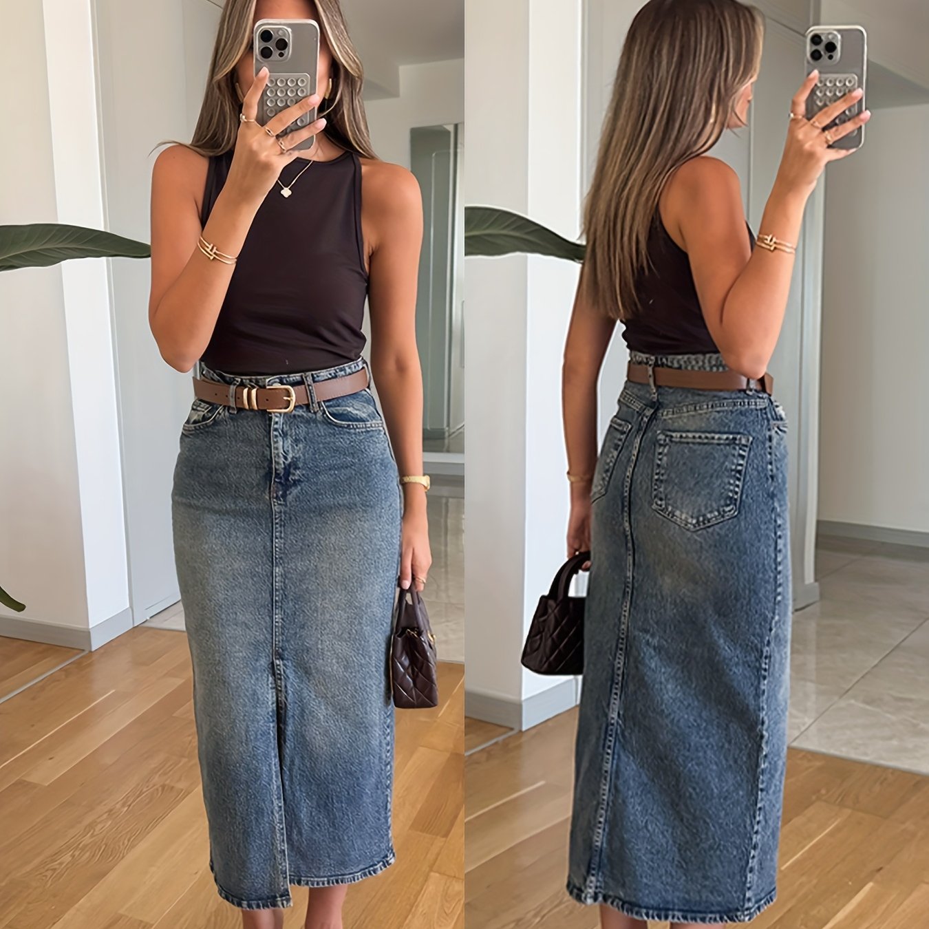 Image of Washed Denim Midi Skirt, Front Slit Stretch Denim Women's Skirt (belt Not Included)