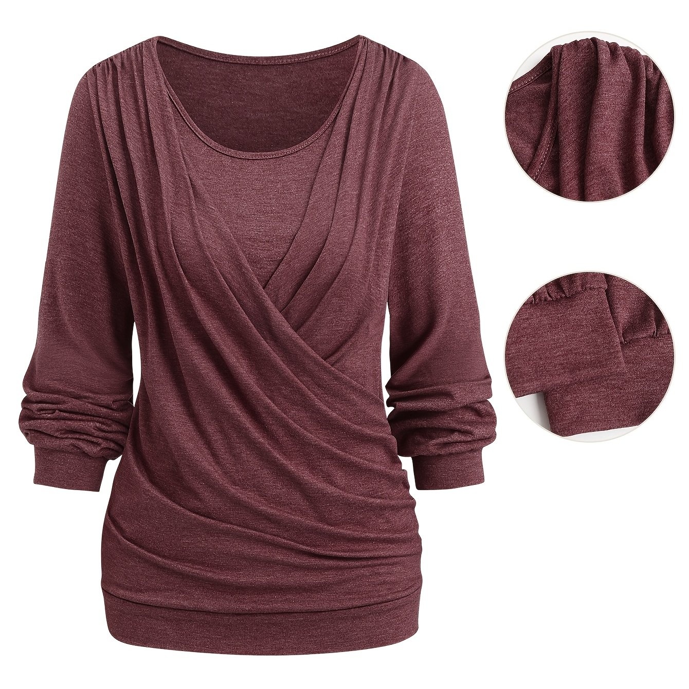 TEMU T-shirt 2-en-1 pour femme, couleur unie, col rond, devant , manches longues, froncé, ceinture nouée, plis latéraux, gainant, extensible, haut de