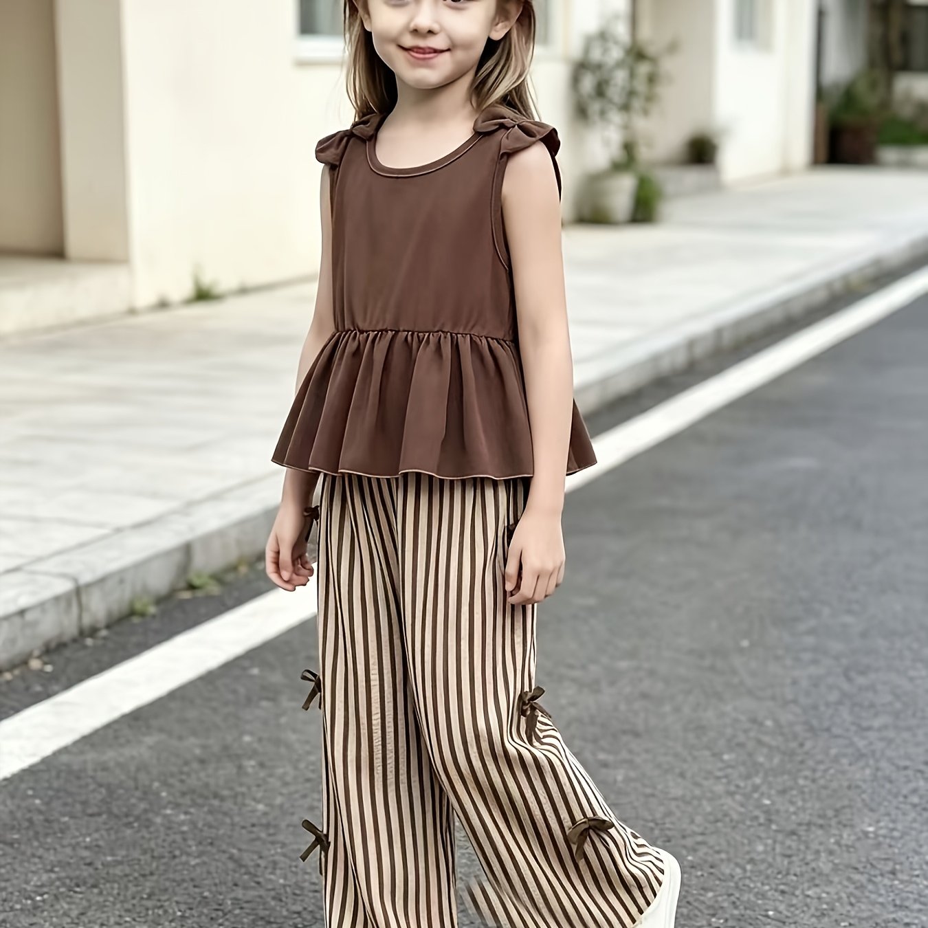 2pcs Girls' Summer Solid Color Bowknot Sleeveless Top And Striped Casual Long Pants Set, Suitable For Outdoor Occasions, Perfect For Outdoor
