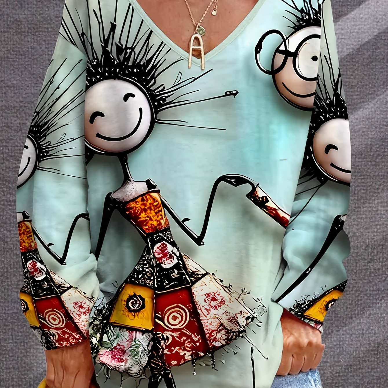 TEMU Plus Size, Damen V-Ausschnitt Cartoon Fröhlicher Druck Lockeres Langarm T-Shirt, Modisches Casual Oberteil, Neuer Frühling/Herbst Trend Outfit