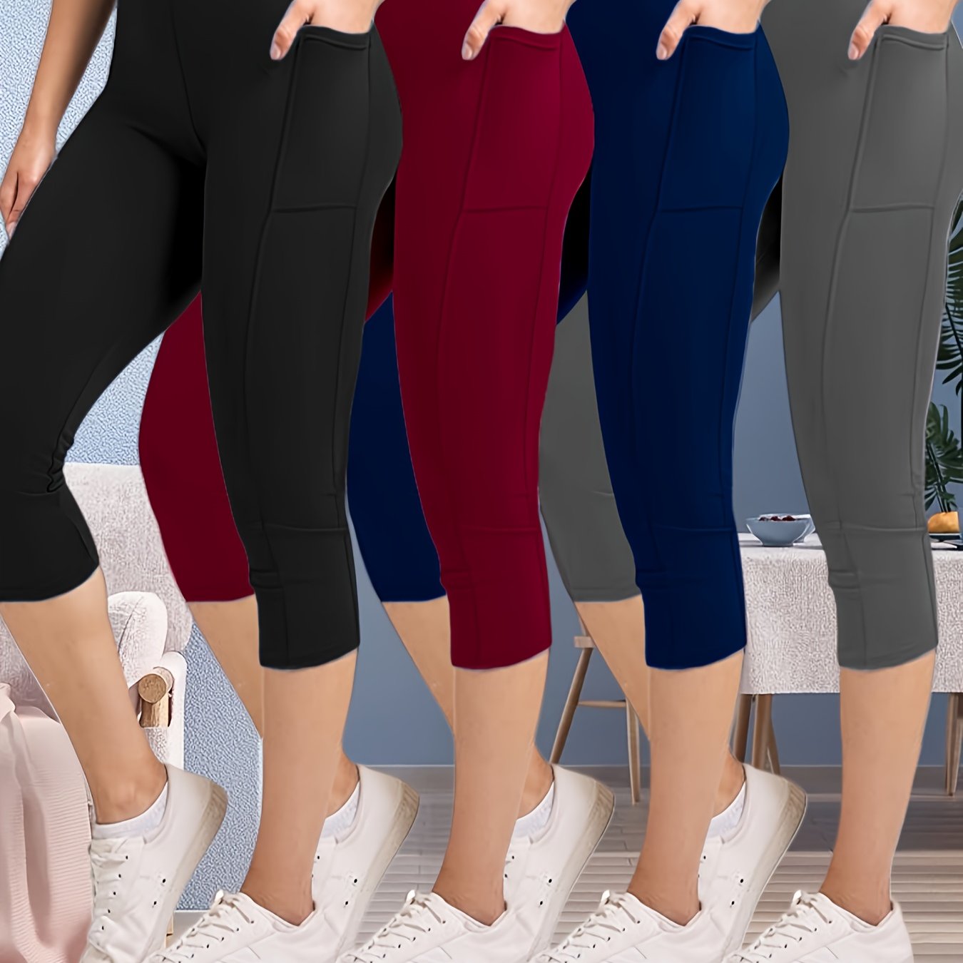 TEMU Set Of 4 Capri Leggings For Women - High-waisted, Soft, And Stretchy Pants (sizes S-2xl) Suitable For Running, Cycling, And Fitness | Medium Stretch Material