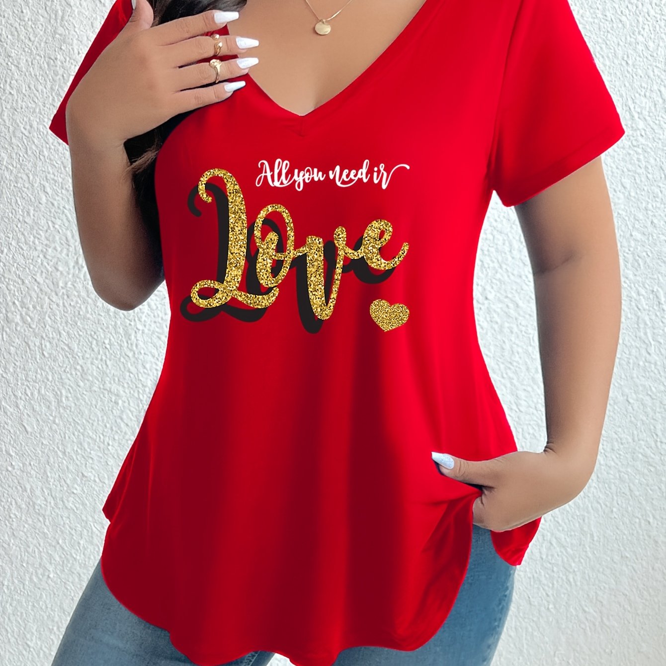 TEMU Plus Size, New Plus Size Printed Short Sleeve T-shirt Women's Casual V-neck Loose Comfortable Versatile Top