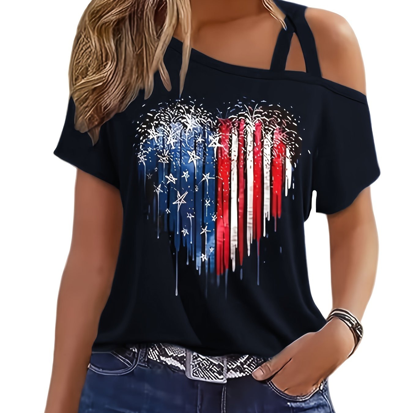 TEMU American Heart Cold Shoulder T-shirt, Casual Short Sleeve Top For Spring & Summer, Women's Clothing