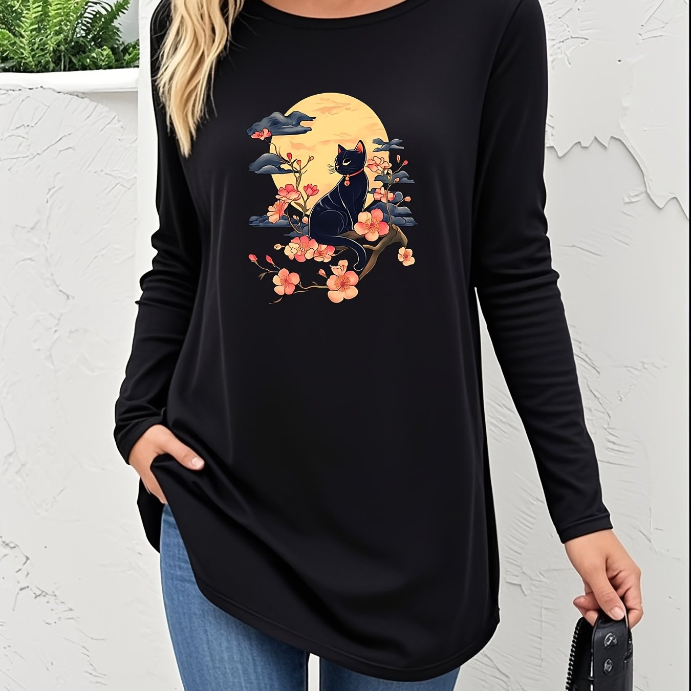 TEMU Night Black Cat And Cherry Pattern Print Soft Crew Neck Long Sleeve Simple Maxi Dress, Casual Inner Layer T-shirt, Machine Washable For Daily
