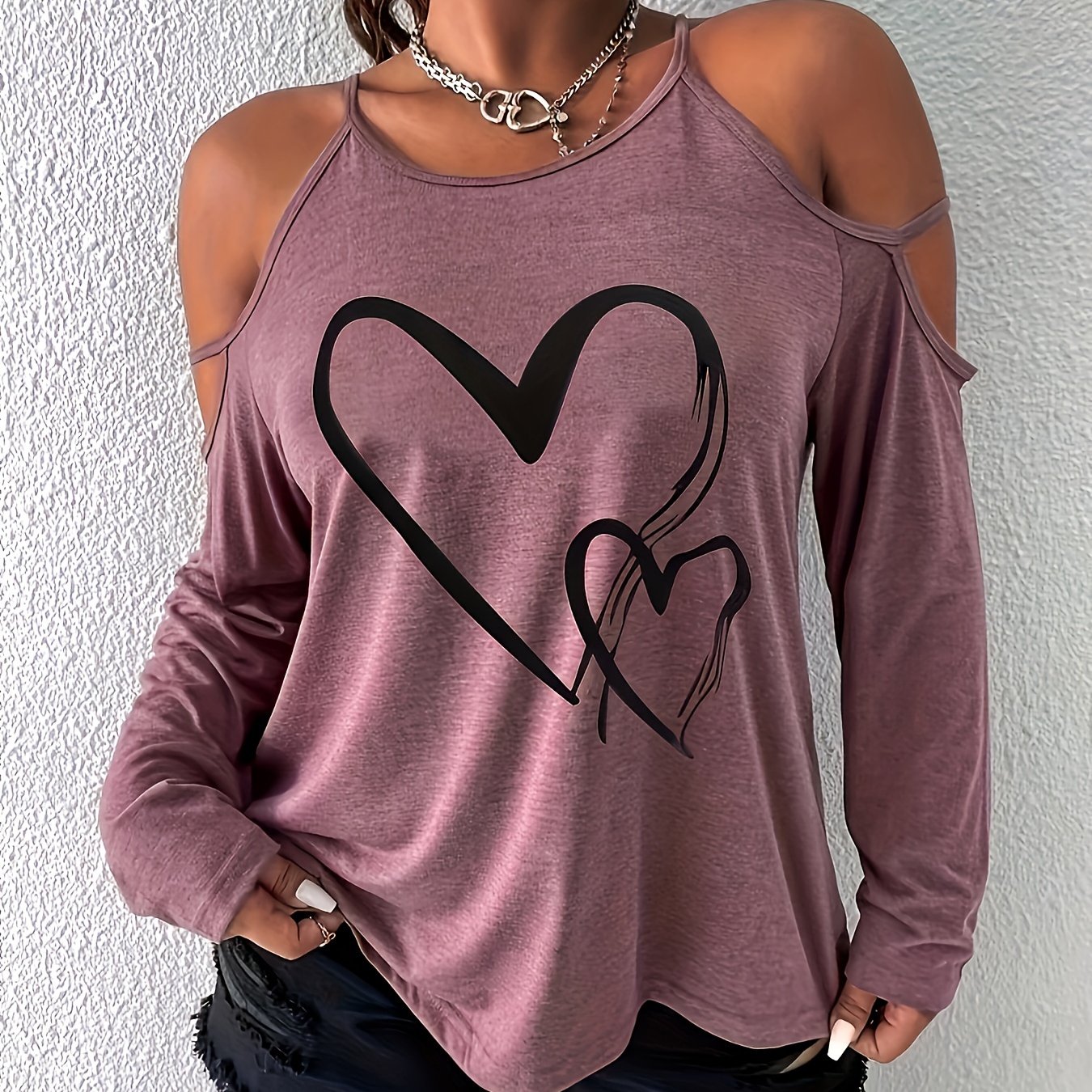 Plus Size, Plus Size New Arrival Casual Sexy Off-shoulder Spaghetti Strap Long Sleeve Heart Print Women's Clothing