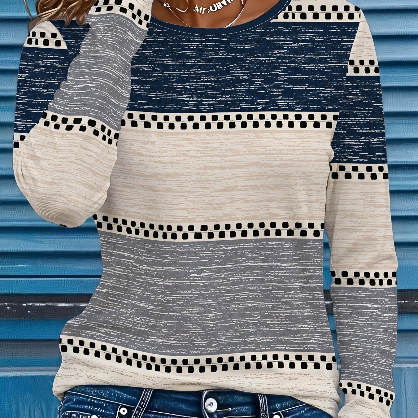 TEMU Elegant Women's Round Neck Long Sleeve T-shirt With And Polka Dot Geometric Pattern. Soft And Comfortable Fabric With Print Design. Machine