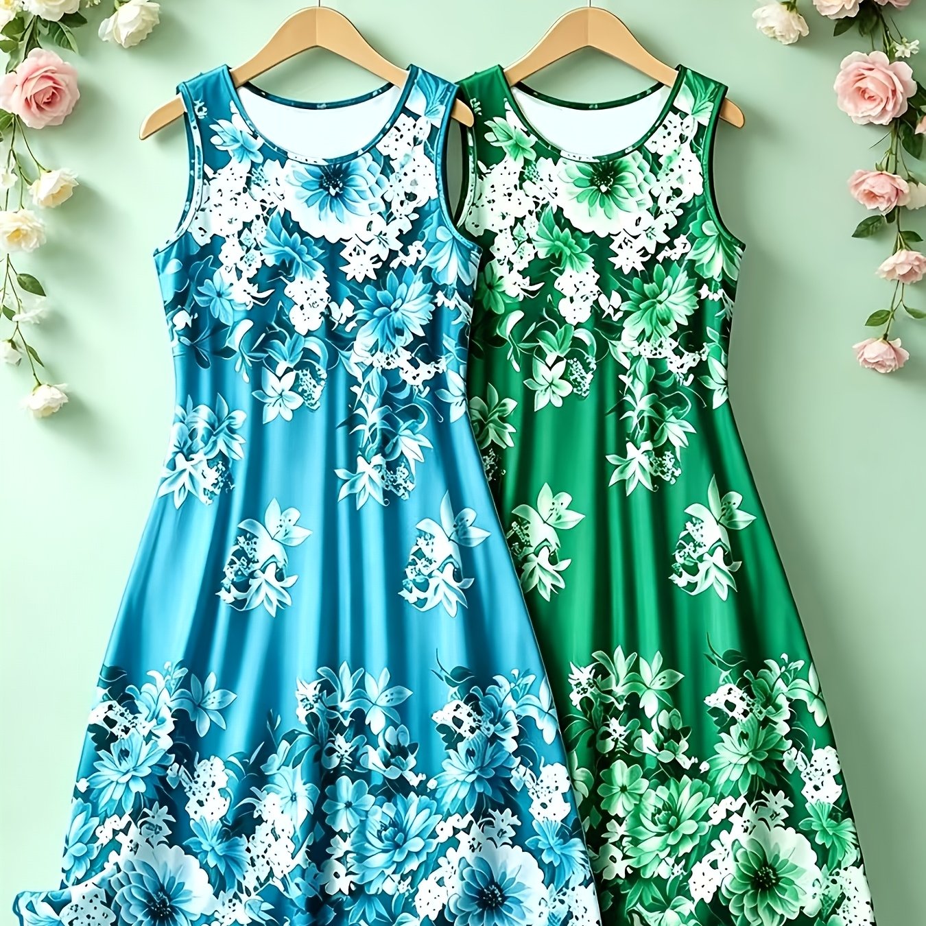 Women's Plus Size 2pcs Set Floral Print Elegant Sleeveless House Dress, Comfortable Nightgown