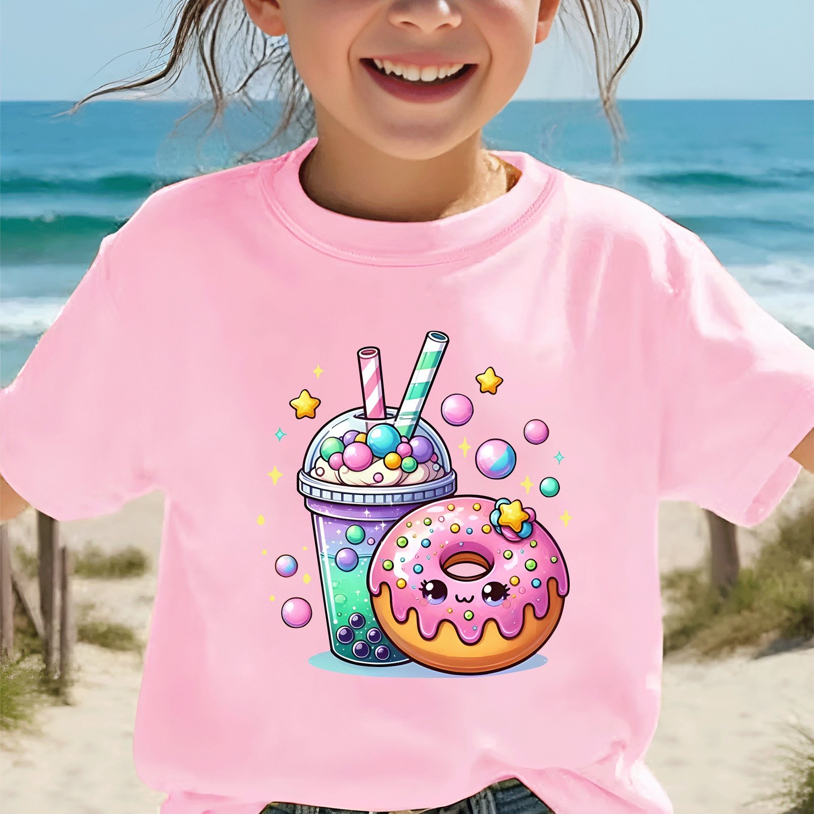 E-shop Ein weißes Kurzarm-Top mit einem süßen -Donut-Sternmuster, für Mädchen im Sommer zu tragen