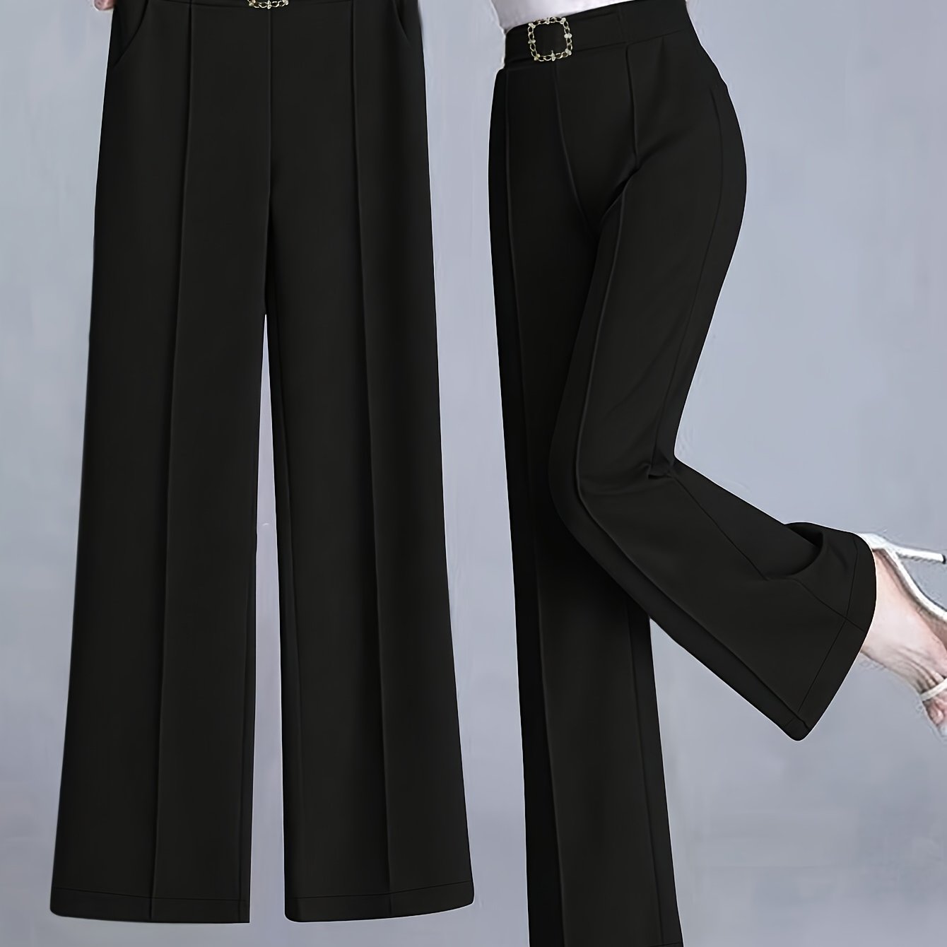 TEMU Women's Black Straight-leg Trousers With Elastic Waistband At The Back, Machine Washable