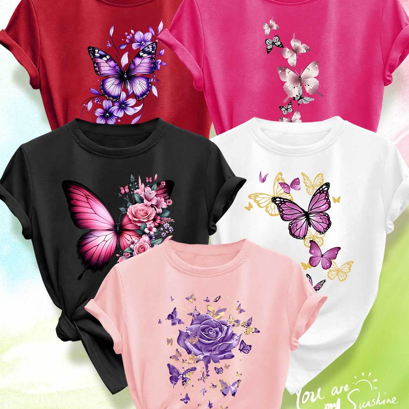 TEMU New Summer Style Set Of 5: Purple- Print T-shirts For Plus-size Women, Spring/summer Casual Sporty Style, Comfortable And Soft Round Neck