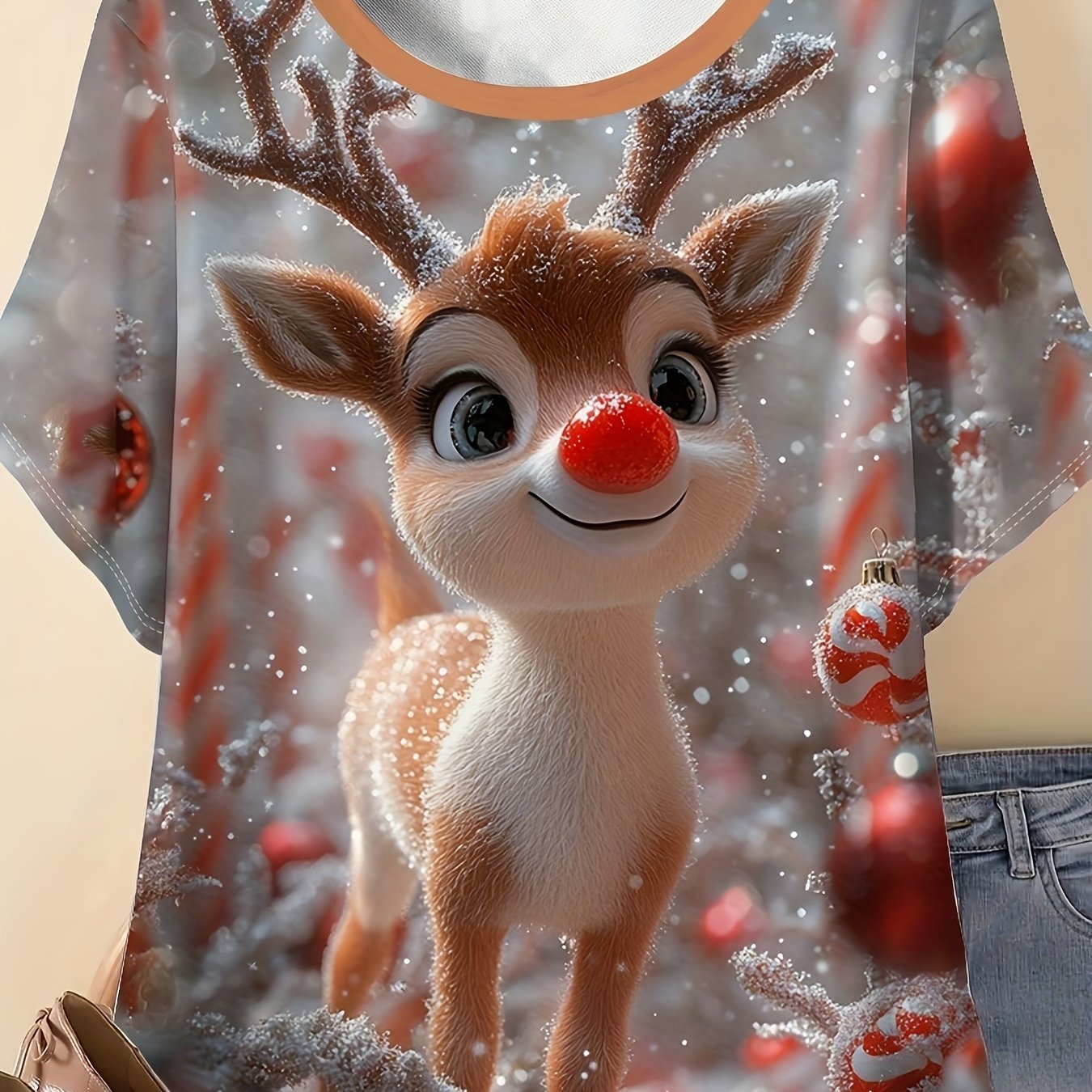 TEMU Plus Size - Plus Size - Fashionable Loose Plus-size Christmas-themed Women's Round Neck Long Sleeve T-shirt With Deer Print