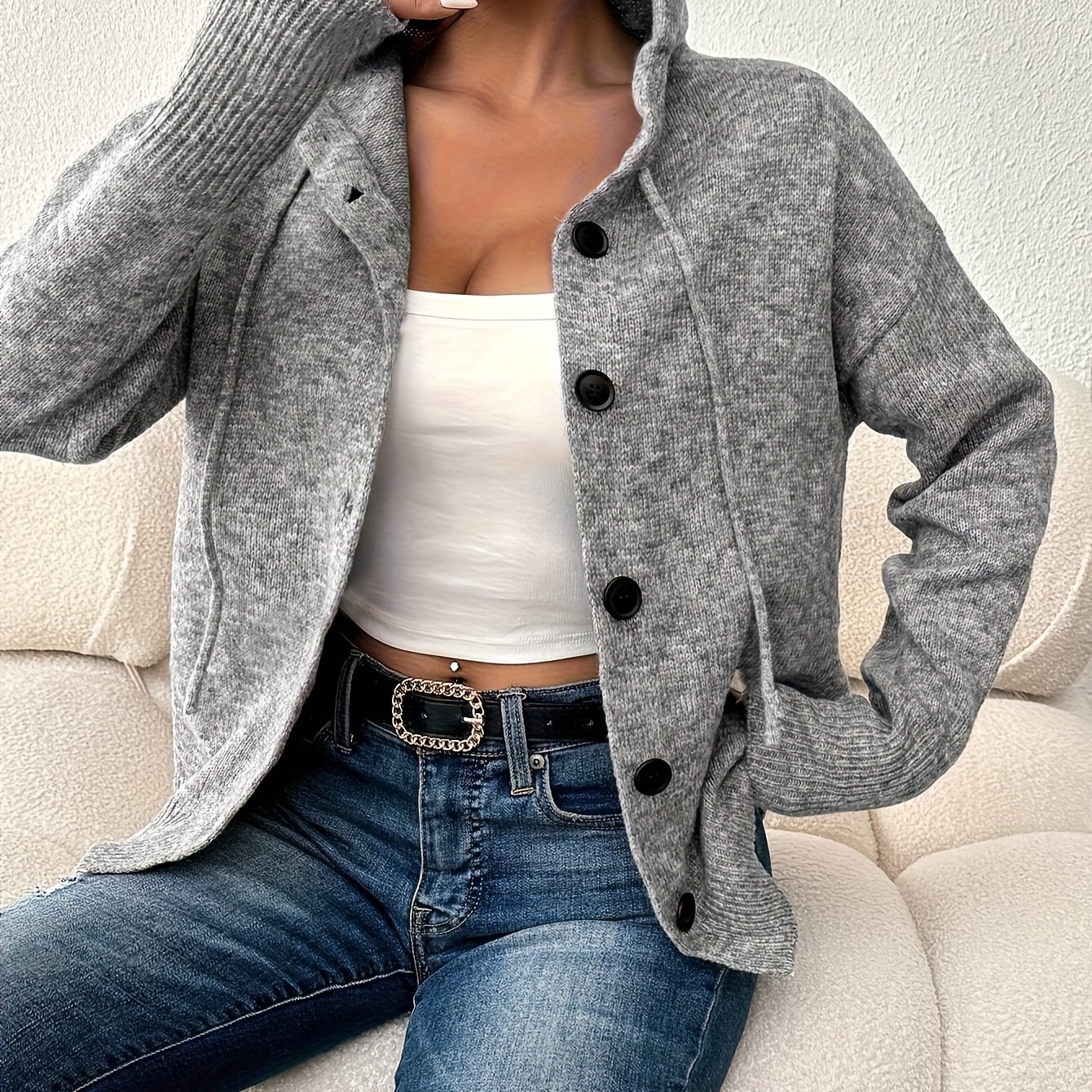 Stylish And Elegant Solid Color Hooded Button- Long Sleeve Women's Cardigan
