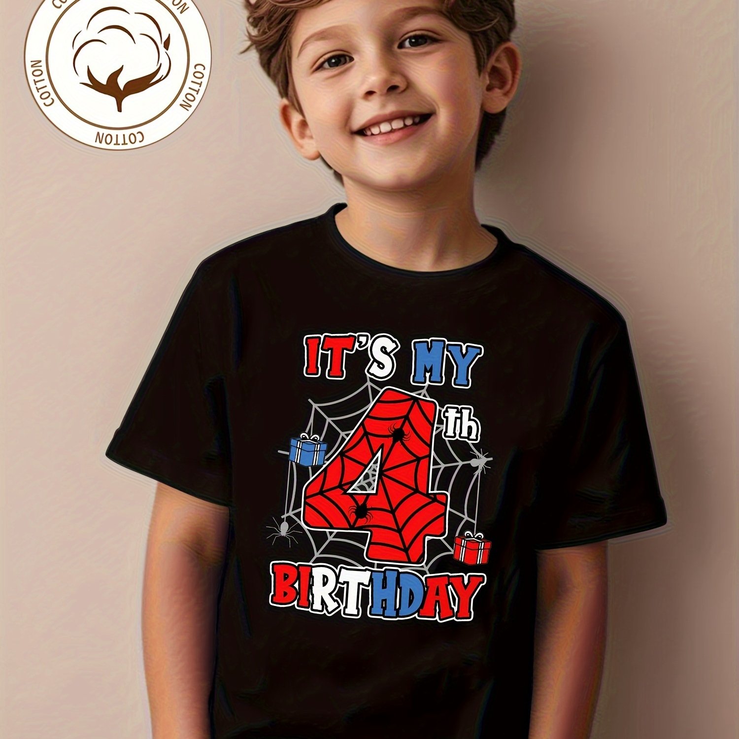 Boys' T-shirt " My 4th Birthday" Print For Comfortable And Casual Round Neck Short Sleeves
